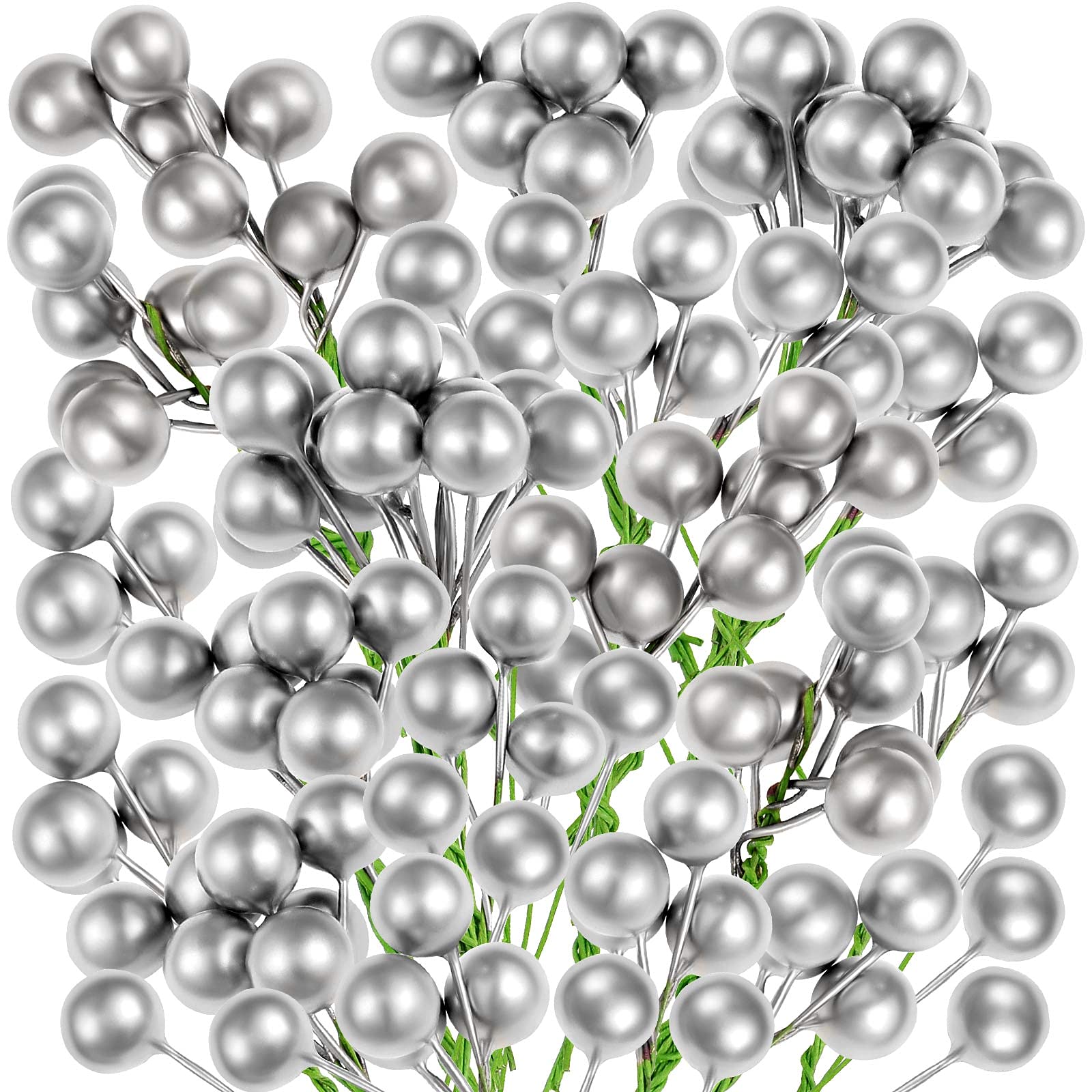 200 Silver Artificial Christmas Berries - Fake Holly Berry Stems for DIY Christmas Tree Decor, Winter Floral Crafts, Wreaths & Holiday Home Decorations - Perfect for Festive Centerpieces, Gift Wrapping & Seasonal Crafts