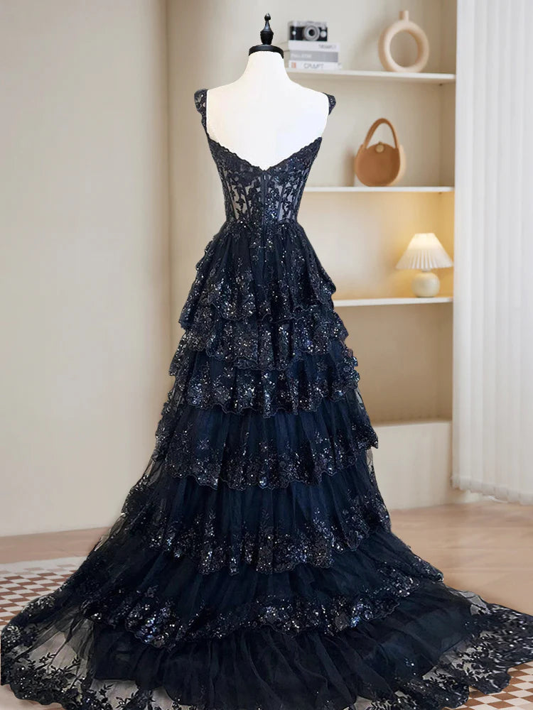 Elegant A-Line Tulle Sequin Blue Long Prom Dress for Women - Sparkling Formal Evening Gown for Homecoming, Ball, Quinceañera & Special Occasions