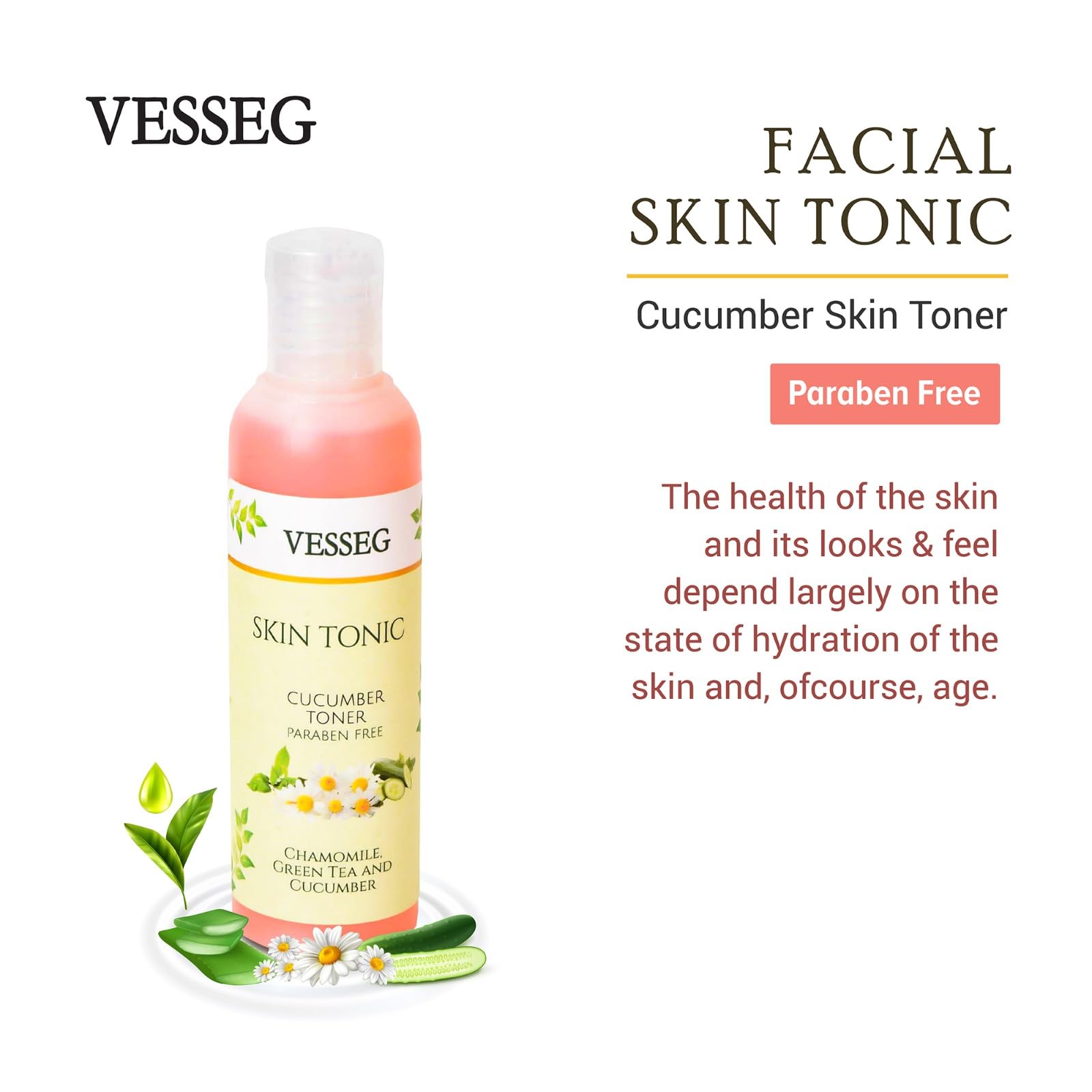 VESSEG Cucumber Facial Toner - Alcohol-Free, Paraben-Free Skin Tonic with Chamomile & Green Tea Extract (120ml) | Hydrating & Soothing for Dry, Sensitive Skin | Daily Skincare Routine, After Sun Care, Post-Shave Treatment