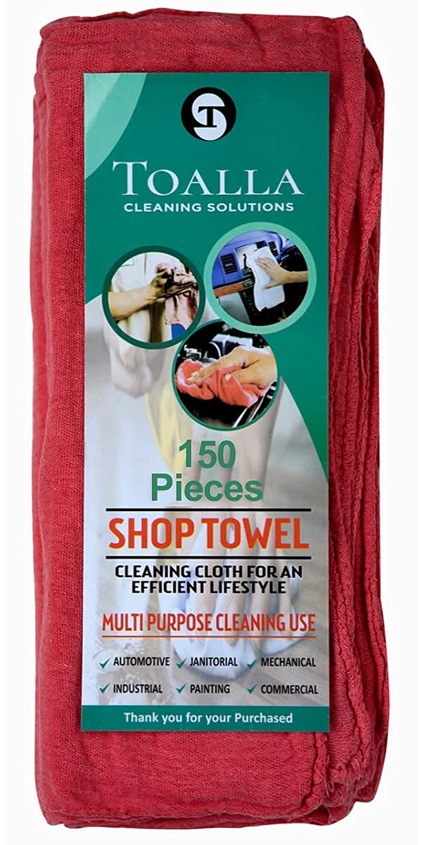 Premium Cotton Shop Towels Red - 14x14 Inches (Pack of 150) | Super Absorbent Cleaning Rags for Automotive, Industrial & Home Use | Ideal for Garage, Workshop, Kitchen & DIY Projects
