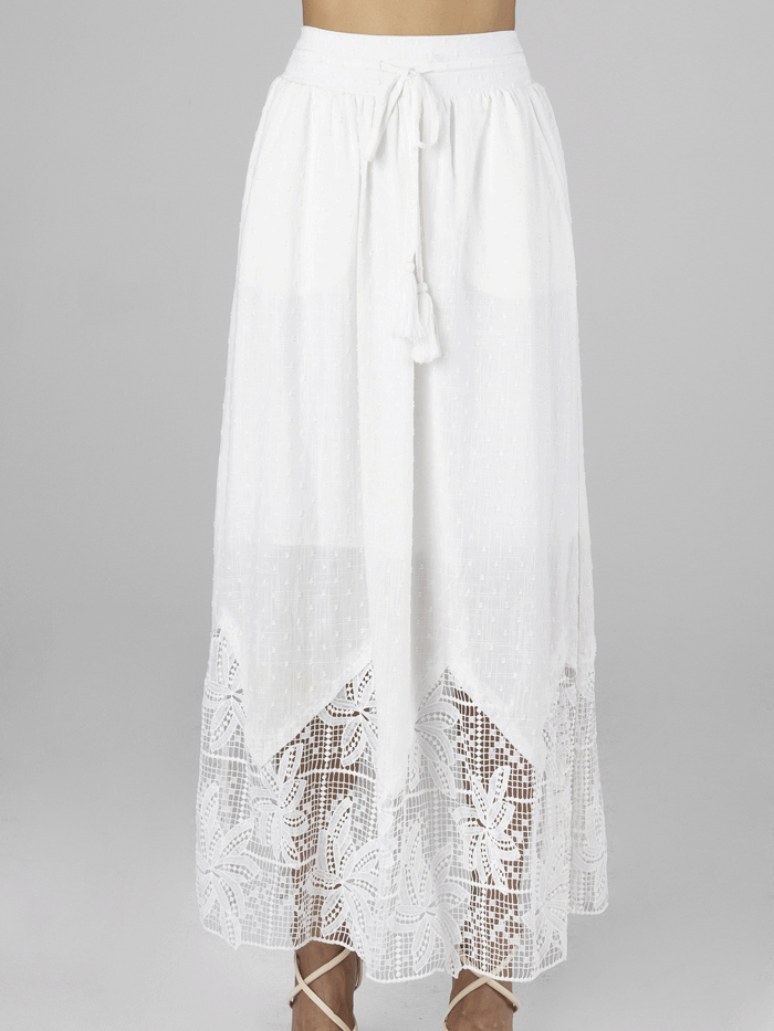 Miss Me MS0134L Women's Long Crochet Flowy Skirt with Tassel - White Boho Summer Skirt for Beach, Vacation & Festival Outfits