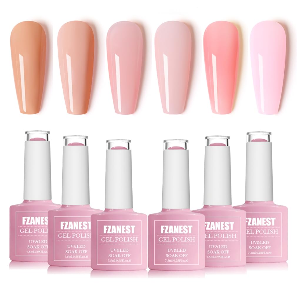 FZANEST 6 Colors Jelly Nude Gel Nail Polish Set - Sheer Natural Milky Pink Soak Off LED UV Varnish for Manicure & Nail Art | Perfect for Home Salon, Bridal Nails & Everyday Wear
