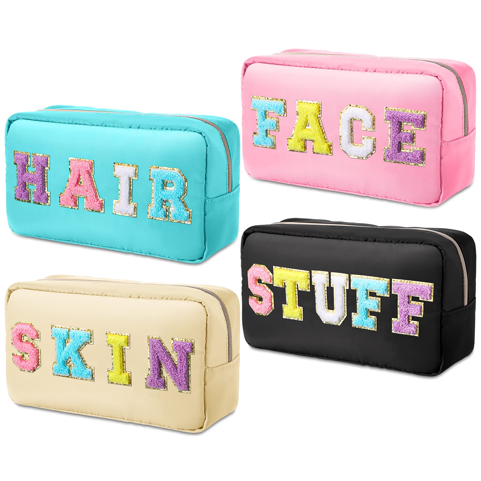 Remerry 4-Piece Makeup Bags Set - Waterproof Travel Cosmetic Organizer with Chenille Letters - Preppy Toiletry Pouches for Women, Girls & Teens (Classic Style) - Perfect for Travel, Gym, School & Daily Beauty Storage