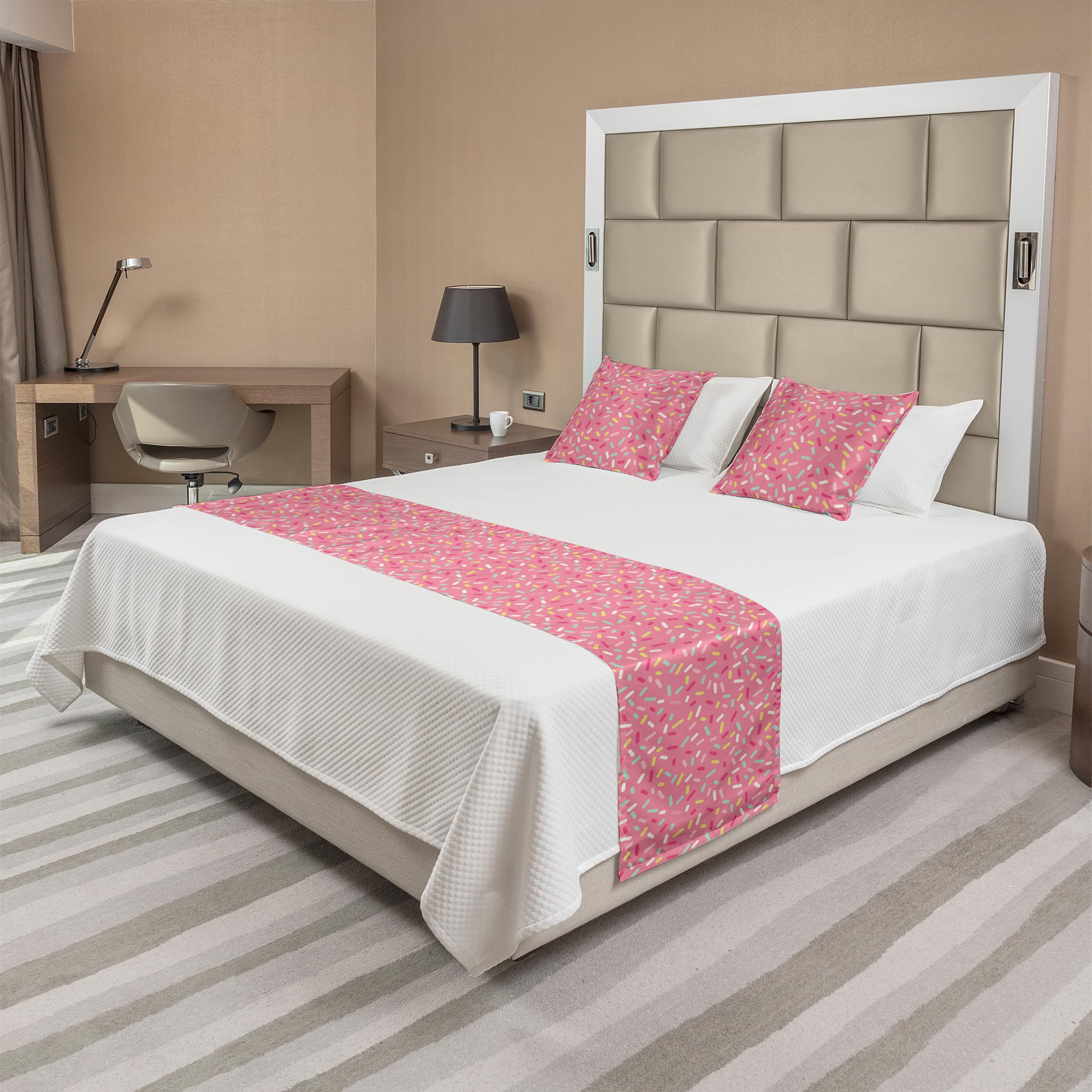 Ambesonne Pink and White Bed Runner Set - Abstract Donut Sprinkles Pattern, Decorative Bedding Scarf with 2 Pillow Shams for Hotels & Homes | Sweet Bakery Theme Home Decor for Bedroom, Living Room & Guest Room