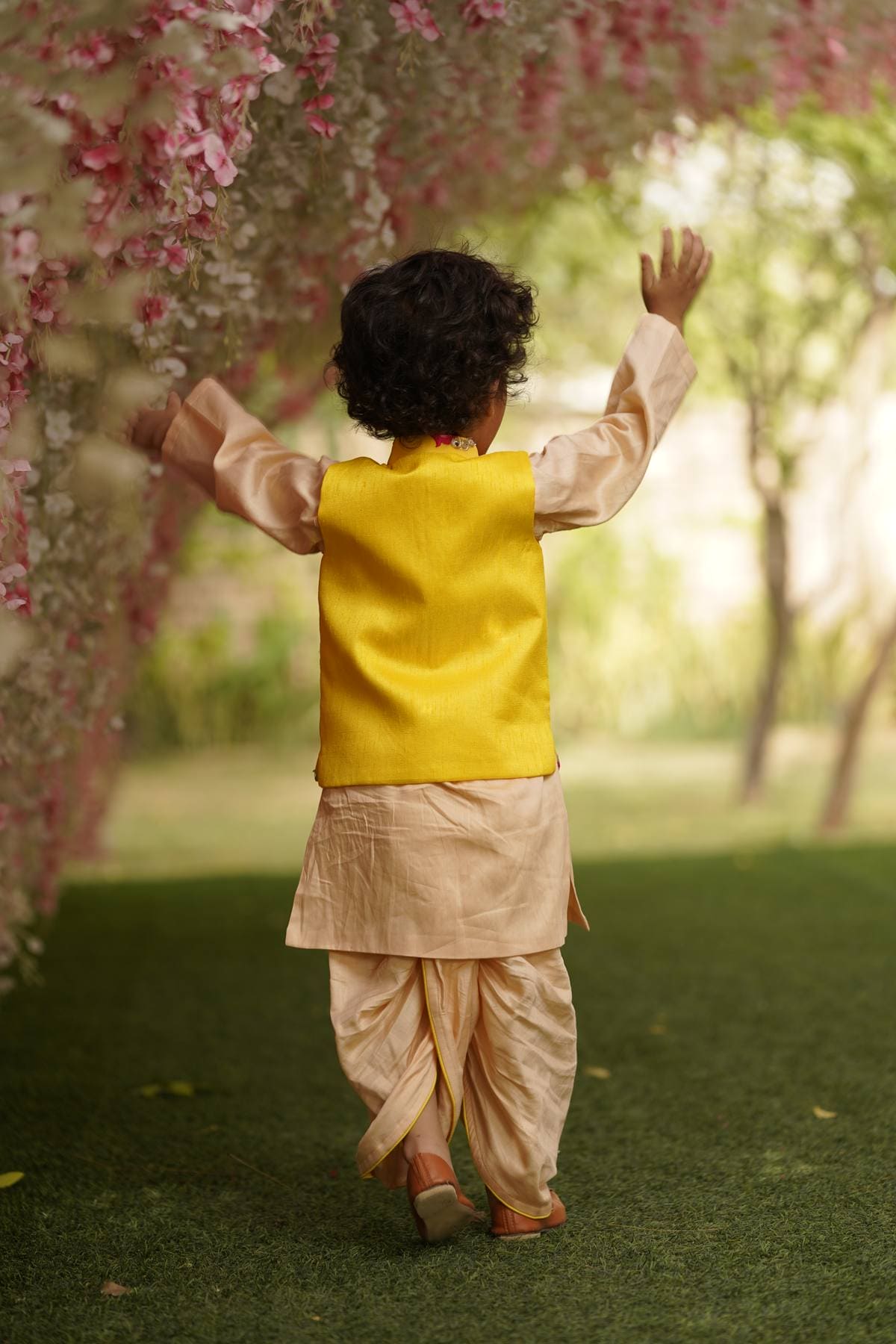 Pre Order: Stylish Yellow Gotta Embroidery Jacket with Kurta & Dhoti Set - Perfect for Indian Weddings, Festivals & Cultural Events