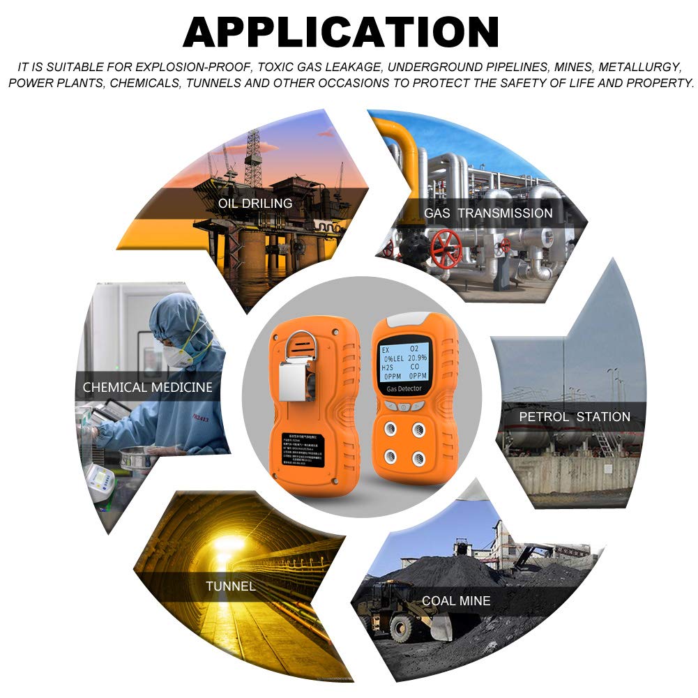 Portable Gas Detector - Gas Clip 4 Multi-Gas Monitor with LCD Display, Rechargeable Battery, Sound/Light Alarms for CO, O2, H2S Detection - Perfect for Industrial Safety, Confined Space Entry & Home Air Quality Testing (2 Year Warranty)