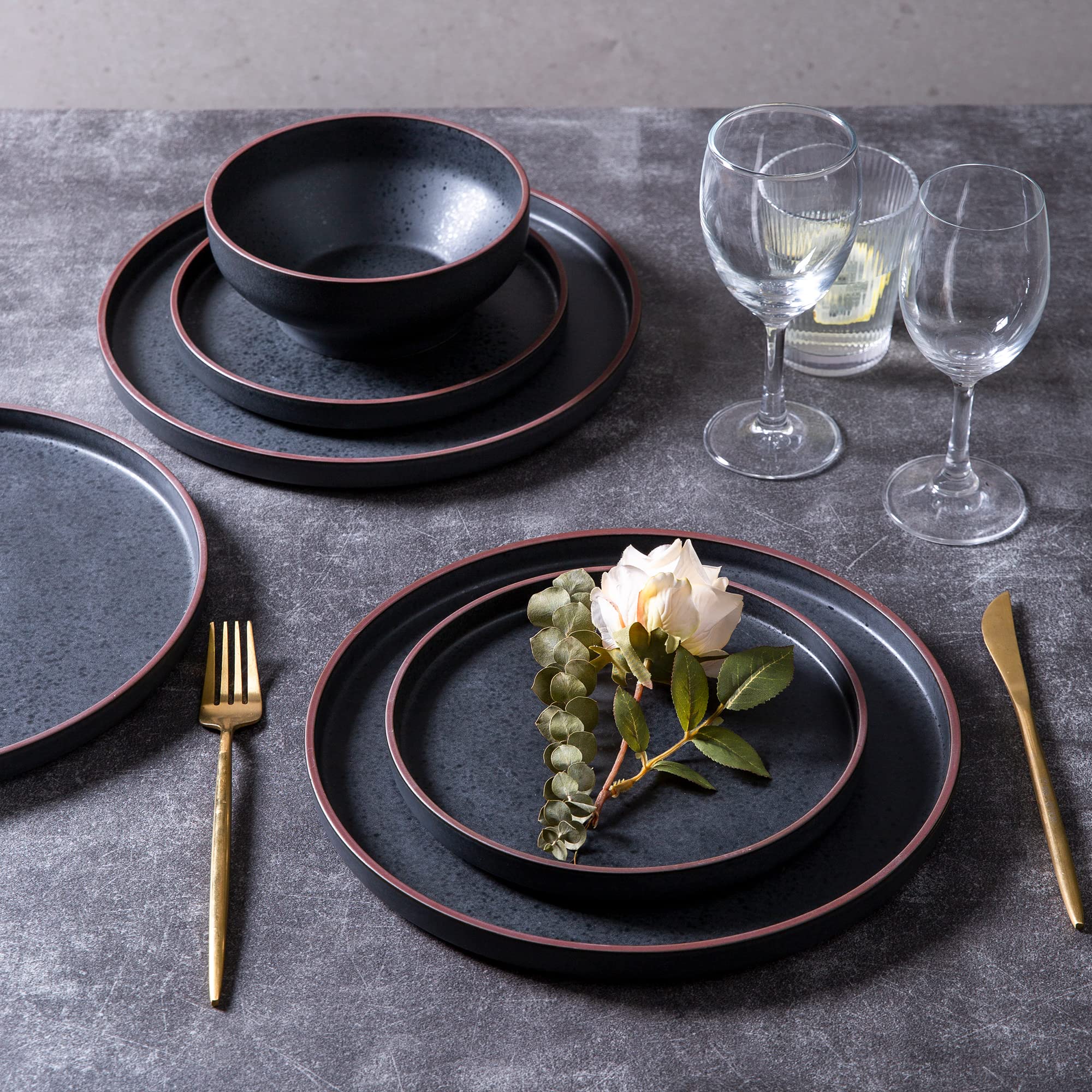 LERATIO 8-Inch Ceramic Salad Plates Set of 6 - Modern Matte Black Dinnerware with Coffee Rim - Microwave, Dishwasher & Oven Safe - Perfect for Kitchen, Dining Room, Restaurants & Party Serving