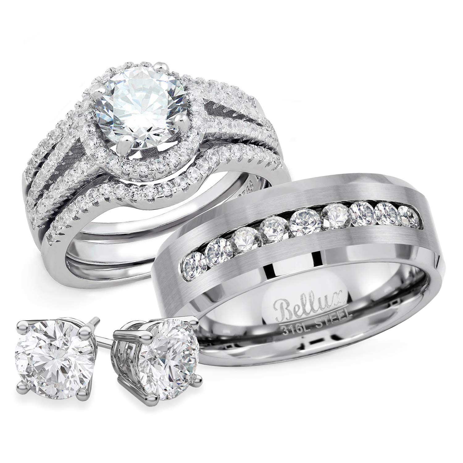 His & Hers Wedding Rings Set - Sterling Silver for Women & 316L Stainless Steel for Men - Engagement, Anniversary & Couple Bands with Free Stud Earrings - Perfect for Proposals, Vows Renewal & Romantic Gifts