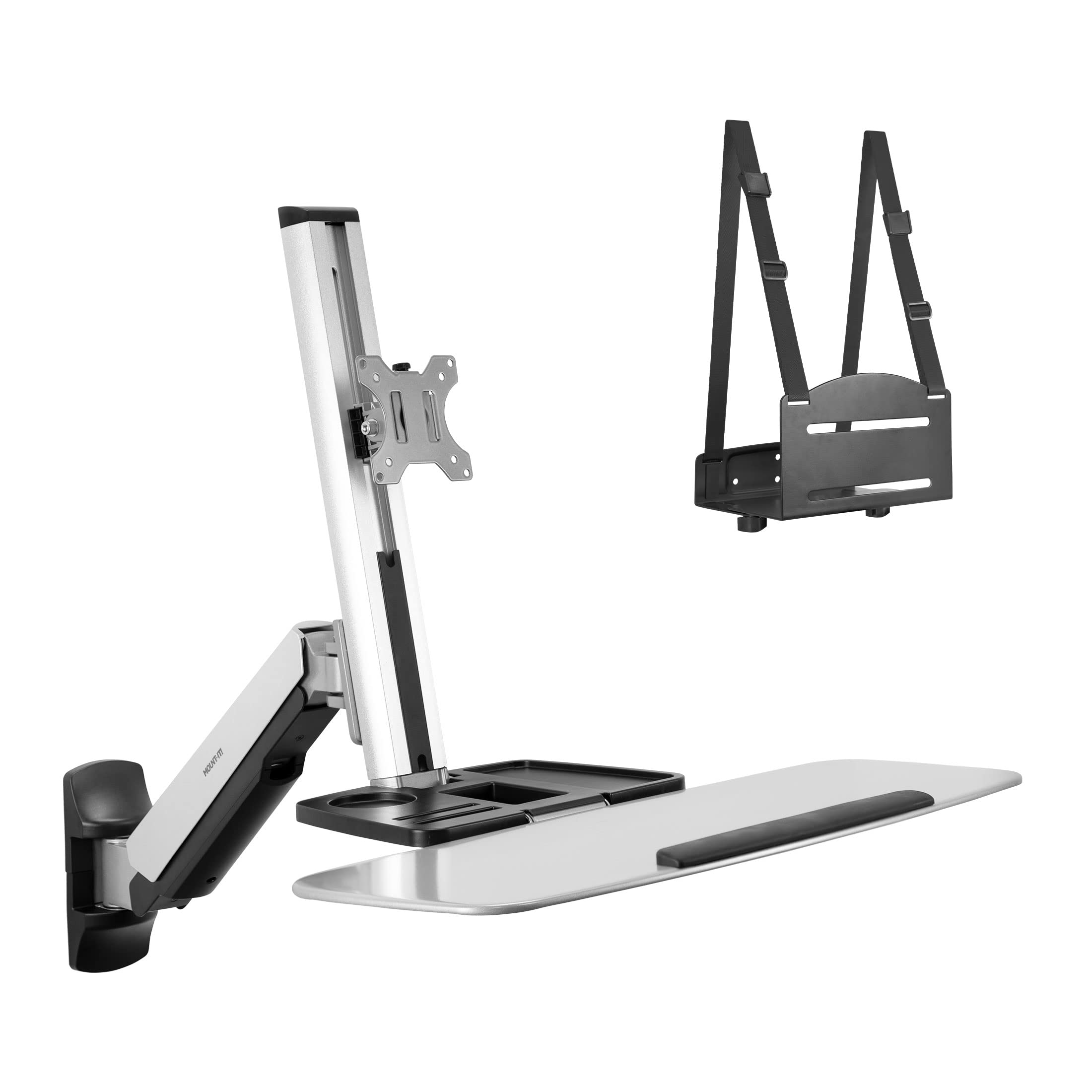 Mount-It! Adjustable Height Sit Stand Wall Mount Workstation - Ergonomic Computer Desk with Articulating Monitor Arm, Keyboard Tray & CPU Holder - VESA 75x75/100x100 (MI-7905) - Perfect for Home Office, Gaming Setup & Workspace Organization
