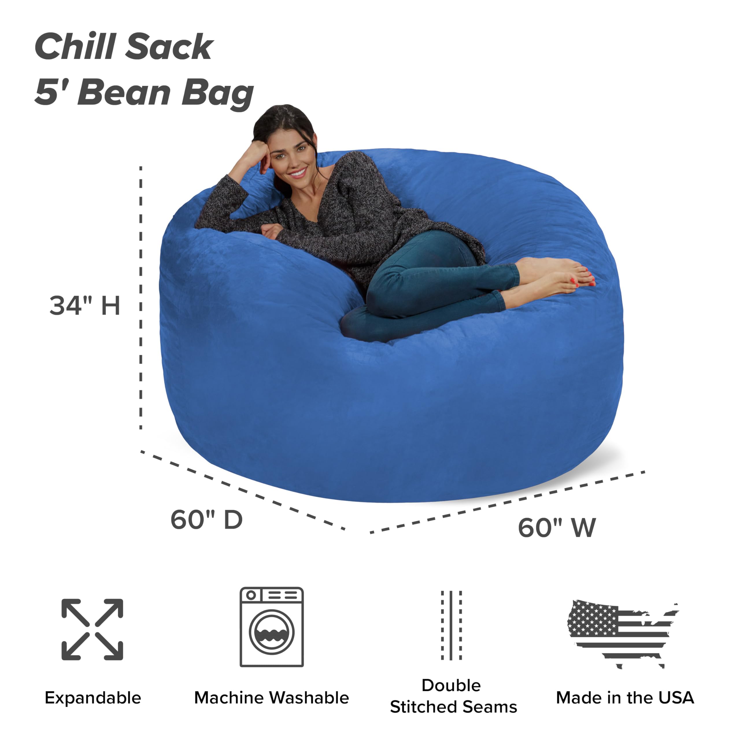 Chill Sack Giant 5-Foot Memory Foam Bean Bag Chair - Ultra Soft Microfiber Cover in Cobalt Blue - Perfect for Living Rooms, Game Rooms & Dorm Lounging