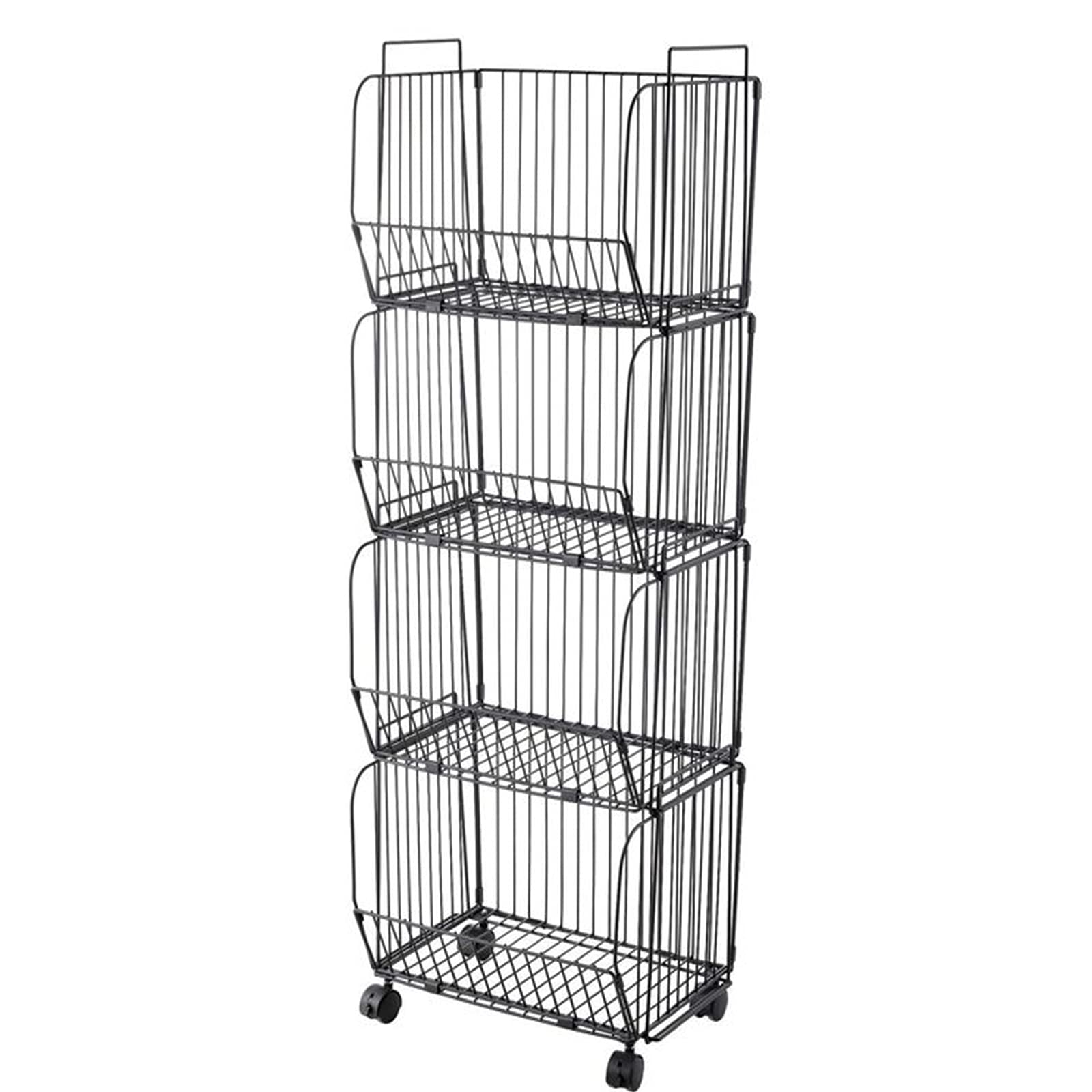 4-Tier Stackable Metal Wire Storage Basket with Detachable Shelves & Wheels - Heavy Duty Carbon Steel Organizer for Kitchen, Bathroom, Living Room - Perfect for Pantry Organization, Laundry Room Storage & Closet Shelving (Black)