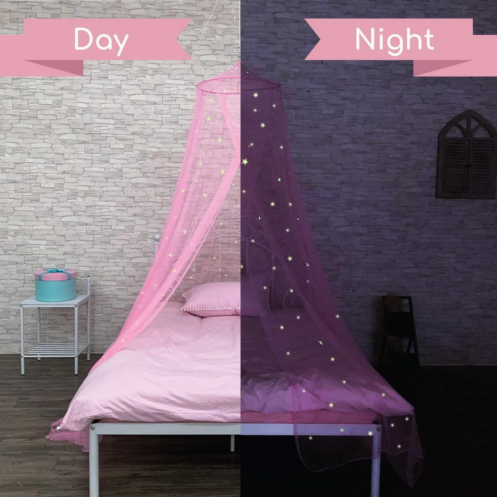 Princess Bed Canopy with Fluorescent Stars - Round Dome Bed Curtain Net for Twin, Full, Queen & King Size Beds in Blue | Perfect for Girls' Bedroom Decor & Fantasy Sleep Space