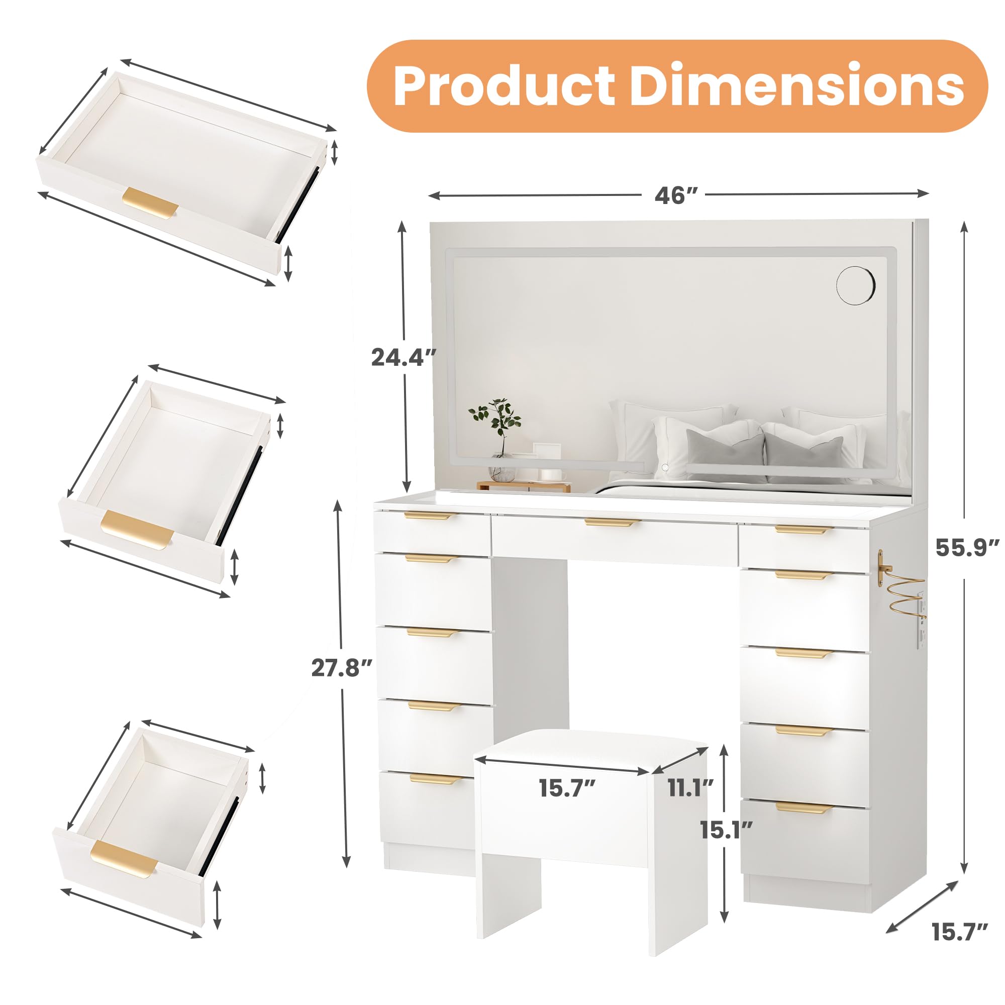 Pamapic 11-Drawer Vanity Desk with Golden Handles - Upgraded Silent Slides, LED Mirror with 3 Lighting Modes, Glass Top Makeup Vanity Set with Chair & Portable Mirror, USB Charging Station - Perfect for Bedroom, Dressing Room & Home Beauty Salon