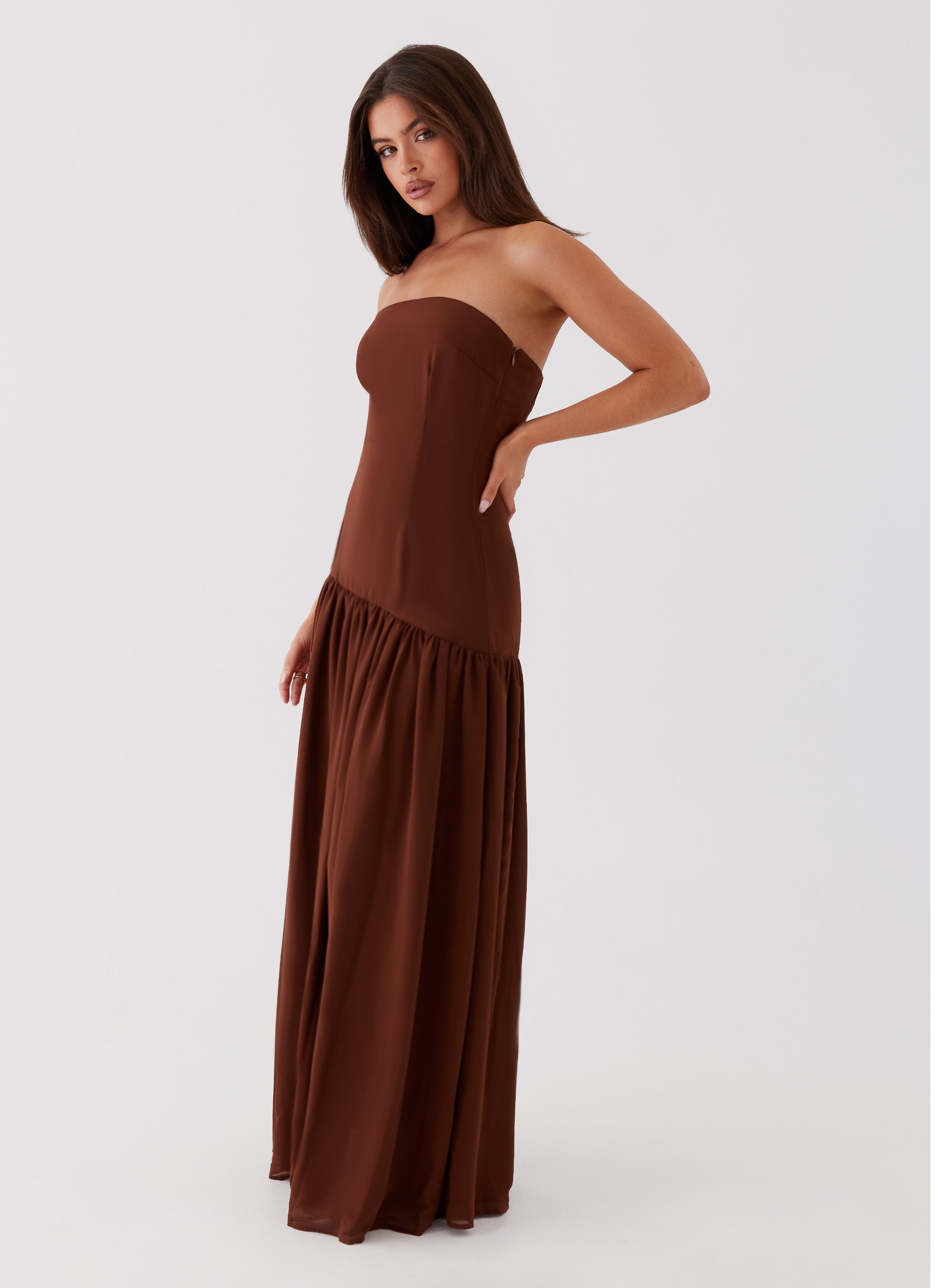 Eden Strapless Maxi Dress - Elegant Brown Long Formal Gown for Women | Perfect for Weddings, Prom, Evening Parties & Special Occasions