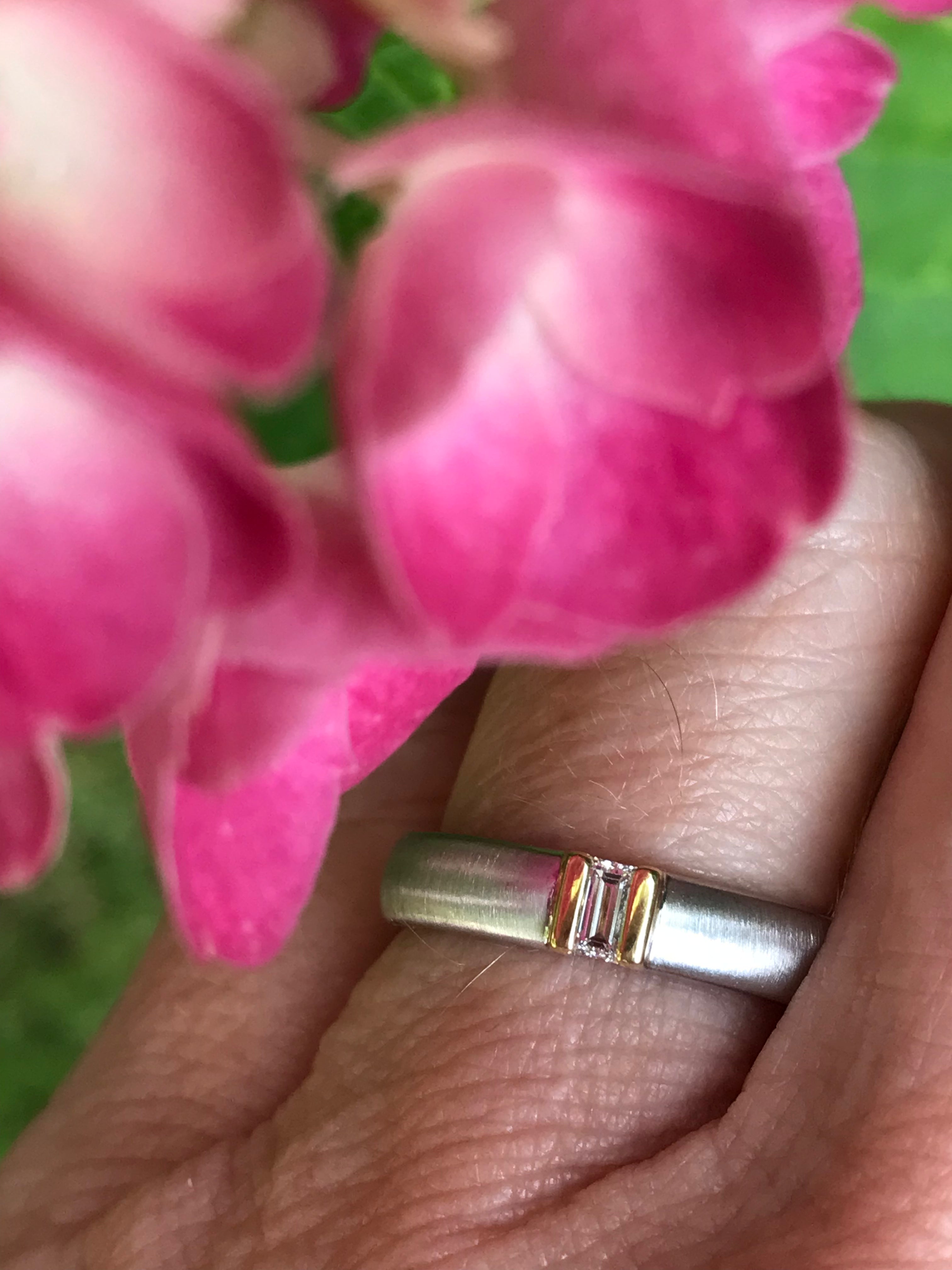 18ct White Gold Emerald Cut Natural Diamond Band with Yellow Gold Setting - Size L 1/2 | Elegant Wedding Ring, Anniversary Gift for Her, Luxury Jewelry for Special Occasions
