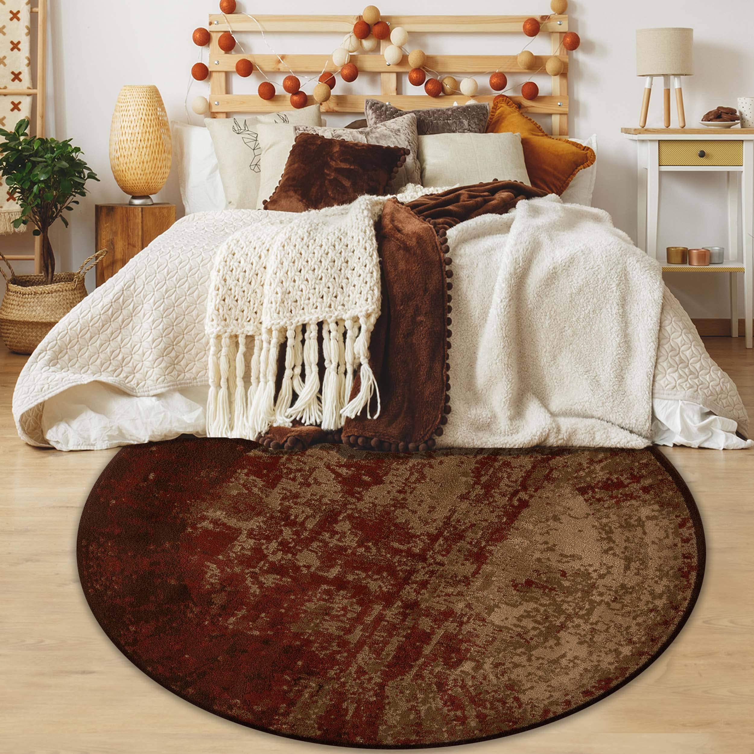 BNM Large 8' Round Auburn Abstract Indoor Area Rug with Jute Backing - Modern Floor Cover for Living Room, Bedroom, Office, Entryway, Basement & Kitchen | Perfect for Home Decor, Cozy Spaces & High-Traffic Areas