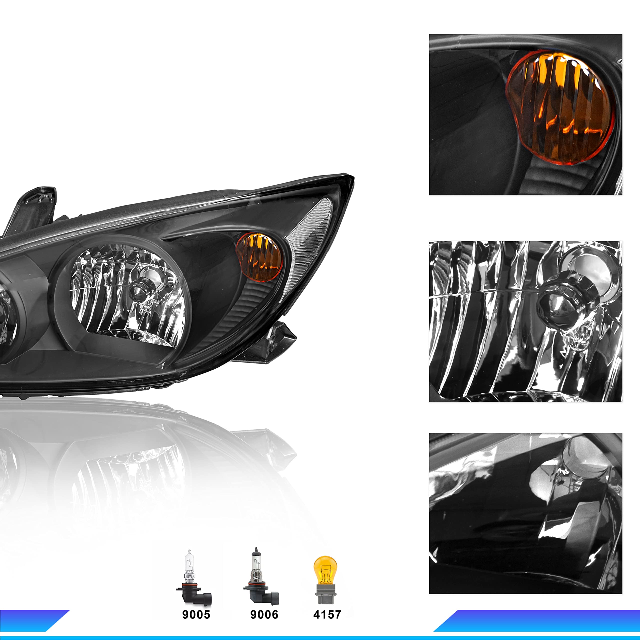 2002-2004 Toyota Camry Headlight Assembly Pair - Black Housing with Clear Reflector - Driver & Passenger Side Replacement - Perfect for Night Driving & Foggy Conditions