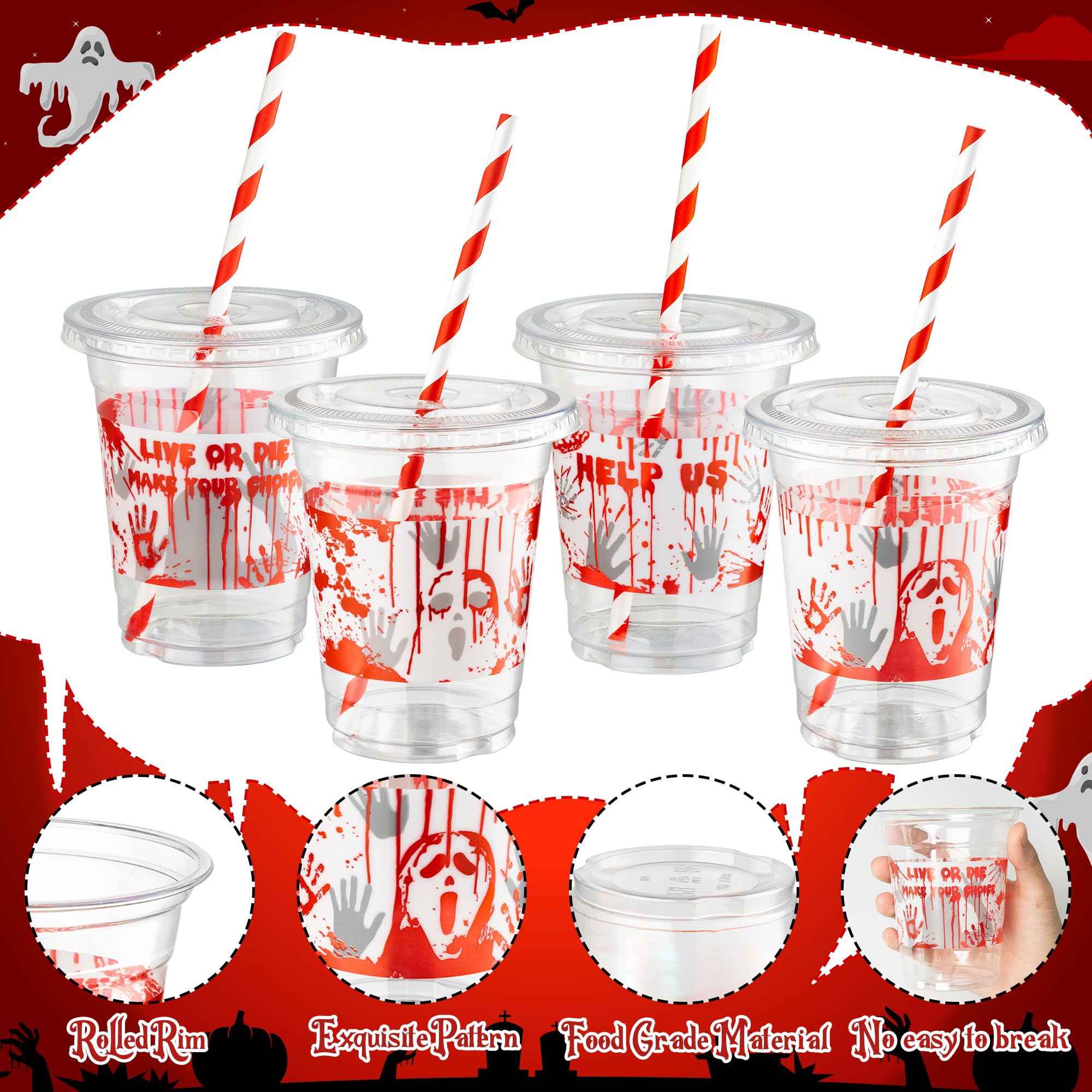 50Pcs Halloween Blood Splatter Plastic Cups - 12 Oz Clear Disposable Cups with Straws & Lids, Scary Zombie Party Supplies for Halloween, Birthday & Horror Themed Events - Perfect for Beverage Serving & Spooky Decorations