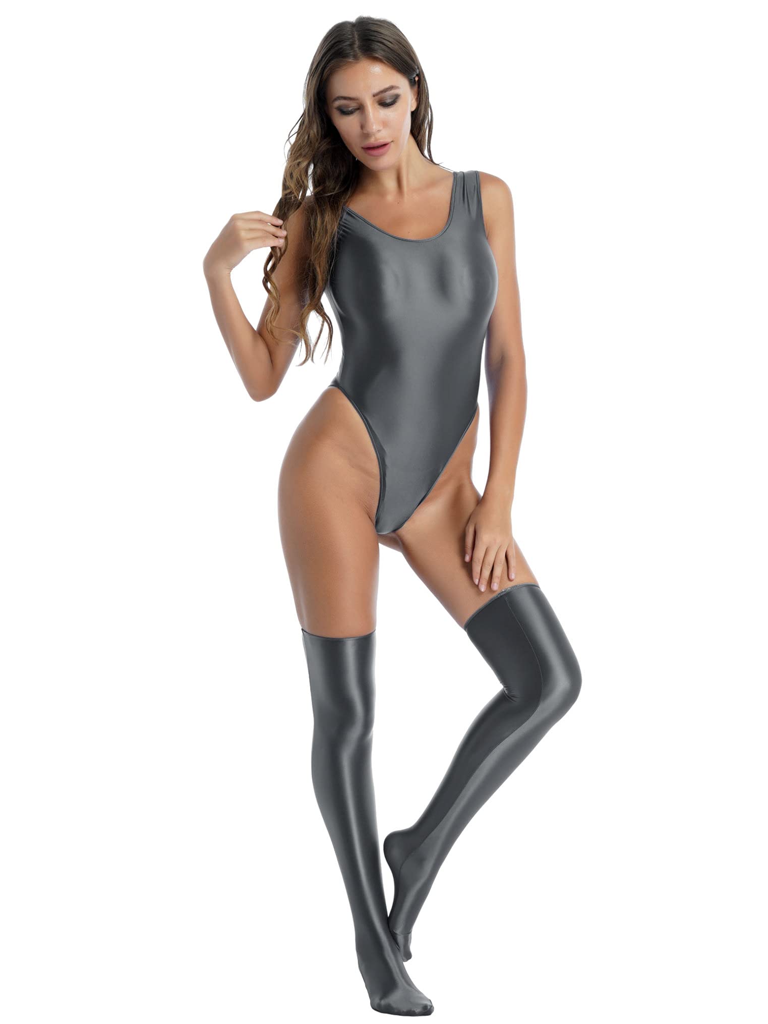 ACSUSS Women's Glossy Swimsuit - Sexy Shiny Silk High Cut Thong Bodysuit with Short Stockings | Perfect for Beach, Pool Party & Summer Vacation