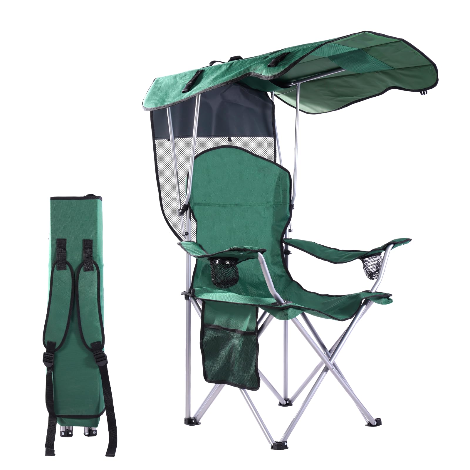 CozyBox Portable Folding Camping Chair with Canopy Shade - Heavy Duty 600D Oxford Fabric Beach Chair for Adults - Weather Resistant Outdoor Lounge Chair for Camping, Beach, Picnics & Backyard Relaxation [Green]