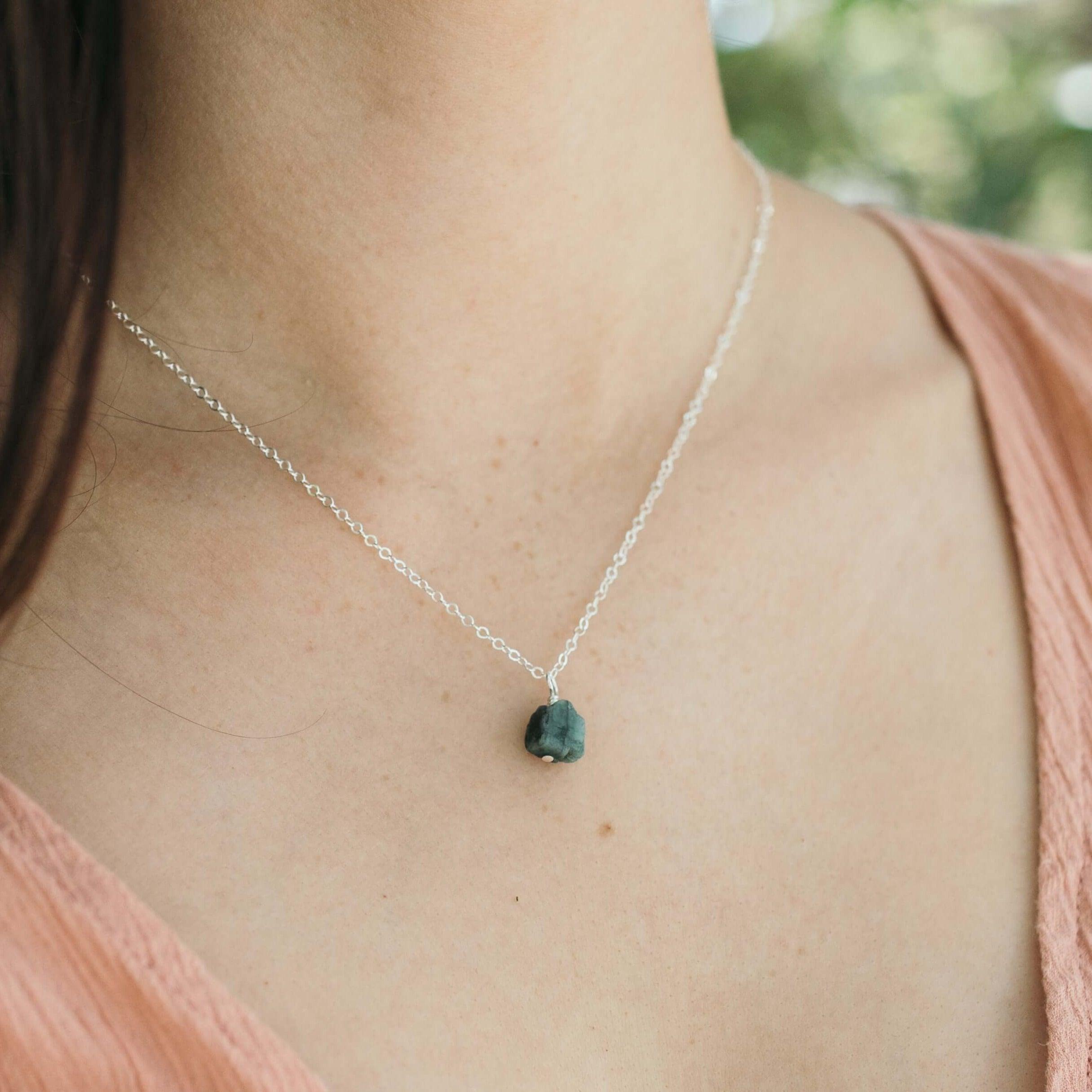 Natural Raw Emerald Pendant Necklace - Handmade Sterling Silver Jewelry for Women - Perfect for Boho, Hippie & Nature Lover Gifts