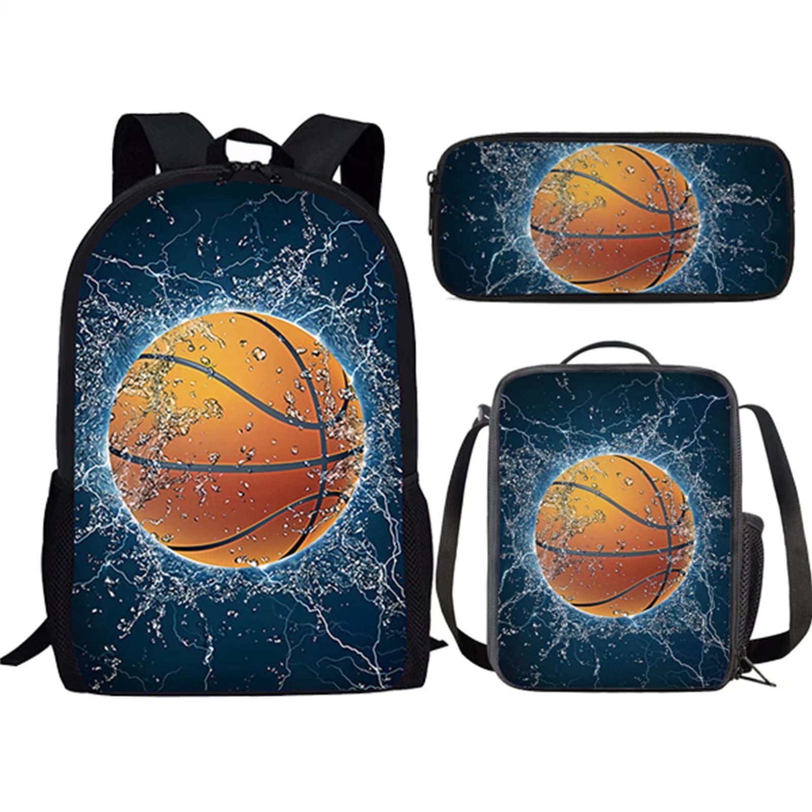Suobstales 3-Piece Water Basketball Backpack Set for Boys - Kids School Bookbag with Lunch Box & Pencil Case, Lightweight Sports Backpack for Elementary & Kindergarten Students - Perfect for School, Travel & Outdoor Activities
