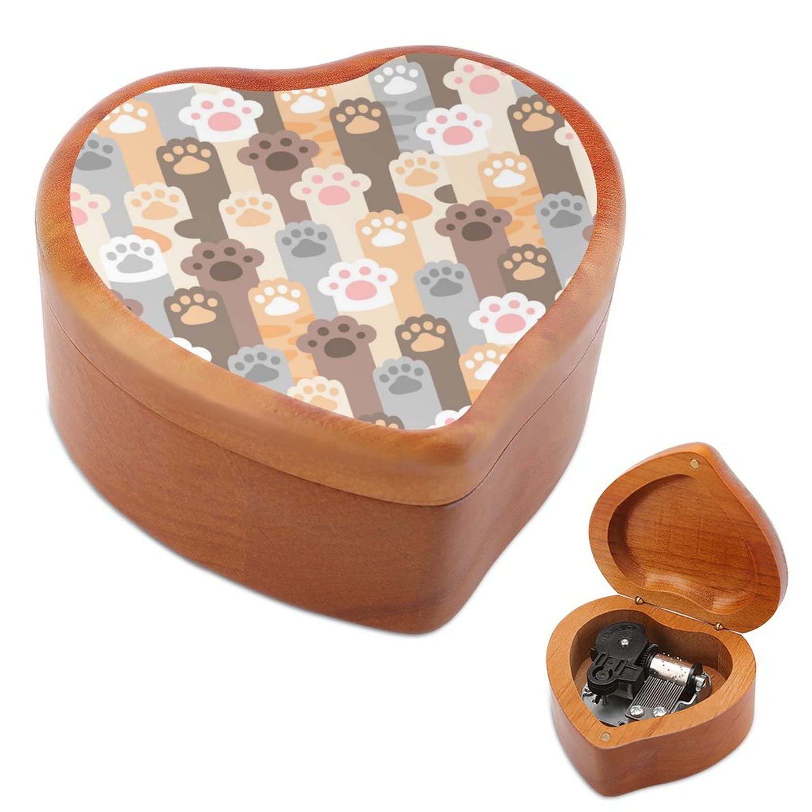 Vintage Heart-Shaped Wooden Music Box with Cat Paw Footprint - Handcrafted Musical Gift for Cat Lovers, Birthday, Wedding & Home Decor