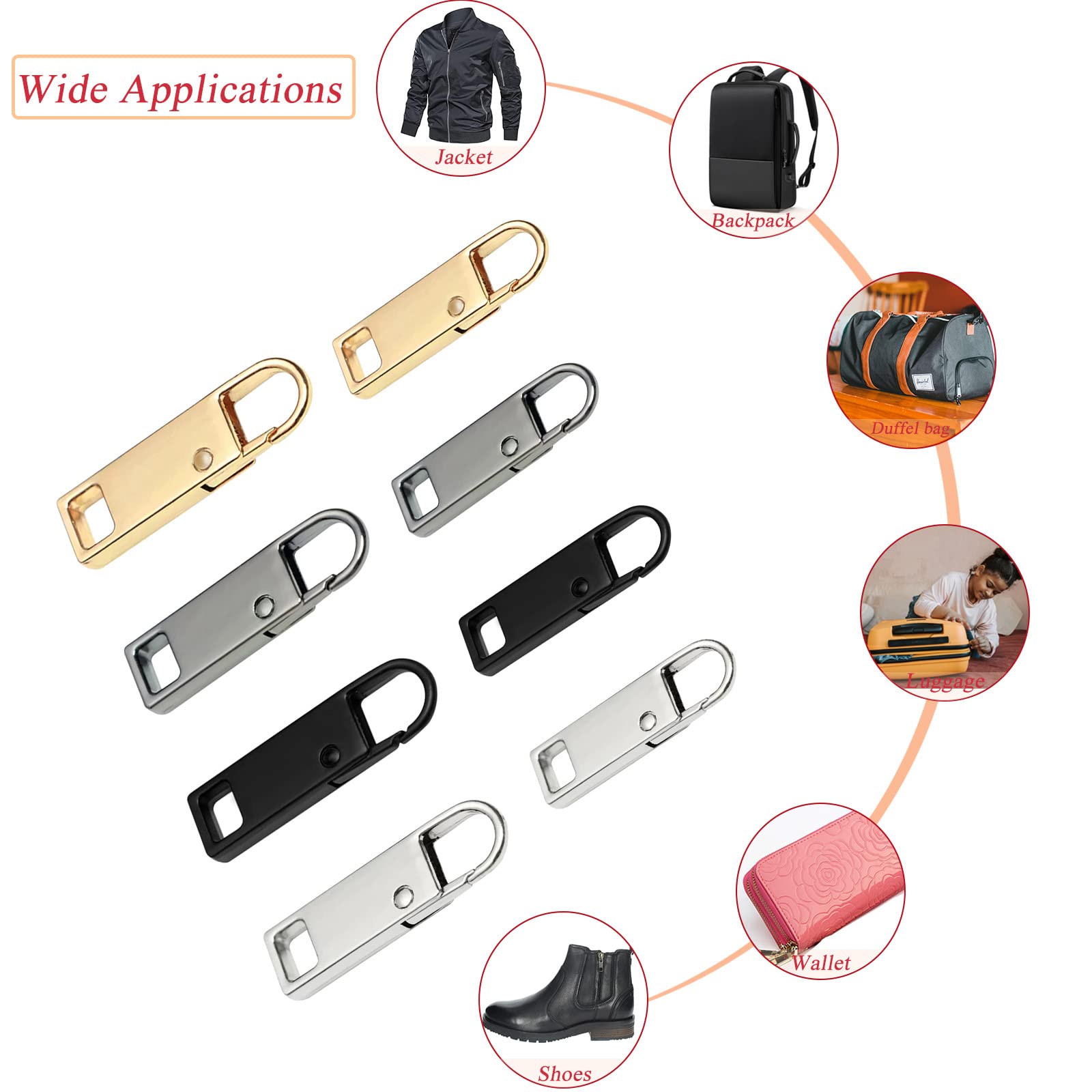 Upgraded Zipper Pull Replacement - 8 Pcs Detachable Zipper Pull Tabs for Luggage, Clothing, Jackets, Backpacks, Boots, Purses & Coats (4 Colors: Black, Silver, Gold, Brilliant Black) | Durable & Easy to Install for Everyday Use