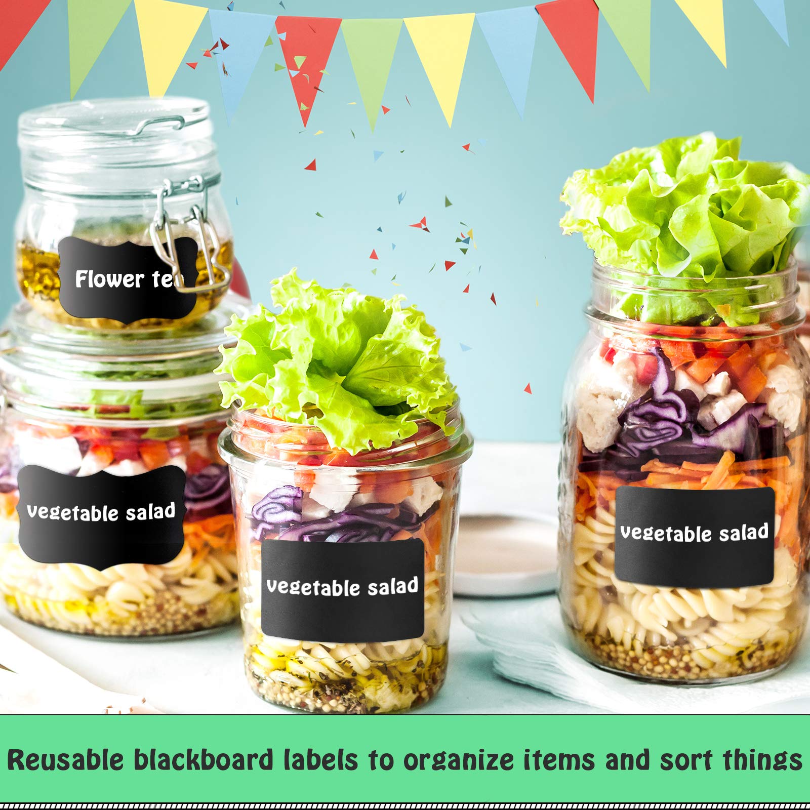 300 Pack Reusable Waterproof Chalkboard Labels Stickers - Includes 2 Liquid Chalk Markers for Jars, Storage Bins, Bottles - Perfect for Crafting, Kitchen Pantry Organization & Office Use (Rectangle & Wave Styles) - Ideal for Home, School and Business Labeling Needs