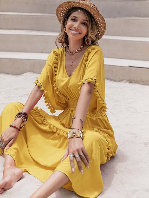 Elegant Tassel Trim Summer Dress for Women - Flowy Boho Beach Dress for Vacation, Party & Casual Wear