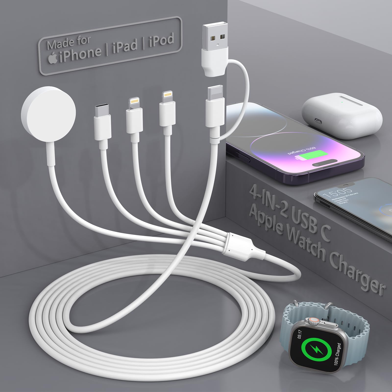 4-in-1 USB-C Fast Charging Cable for Apple Watch Series 3/4/5/6/7/8/9/SE/Ultra - 6FT Portable Charger Cord with Dual Type-C Ports - Perfect for Travel, Office & Home Charging