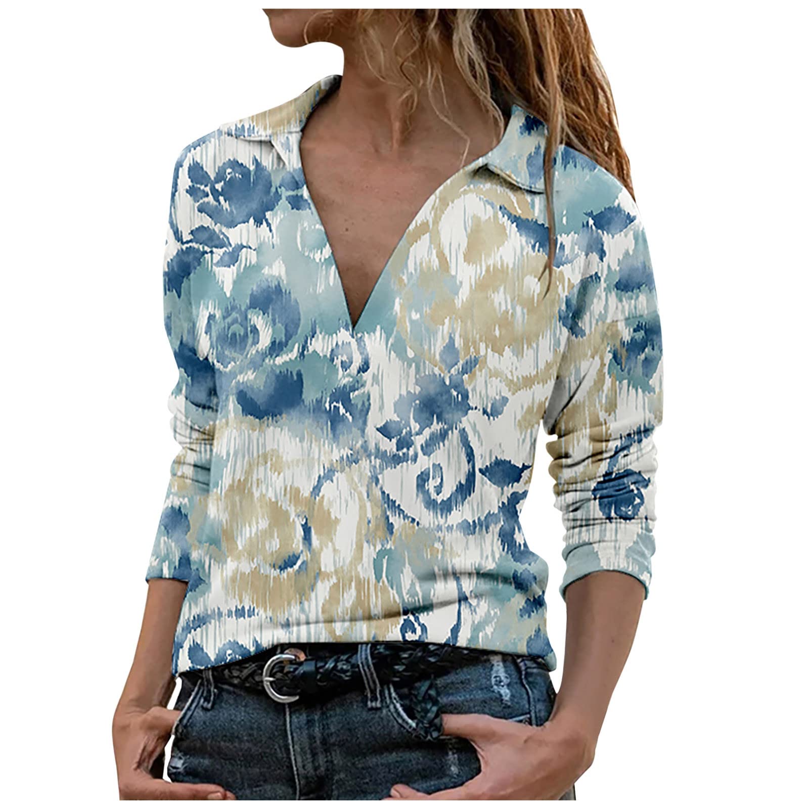 Women's Long Sleeve V-Neck Collared Blouse - Colorful Printed Office Shirt for Work & Casual Wear | Trendy 2023 Dressy Tops for Business, Dating & Everyday Outfits