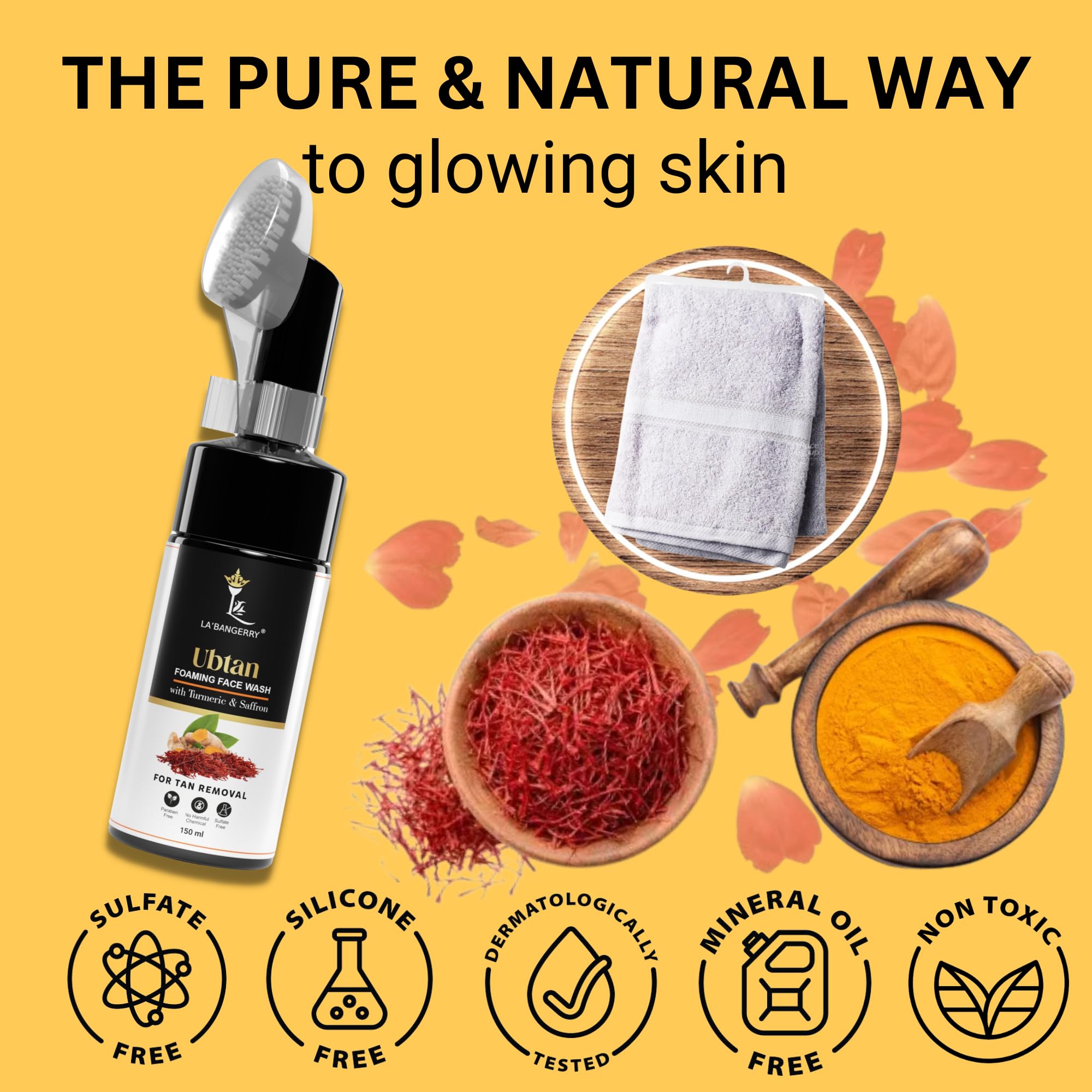 LA'BANGERRY Turmeric & Saffron Face Wash for Acne & Tan Removal - Brightening & Glowing Skin Care (150ml) | Natural Ubtan Cleanser for Men & Women | Perfect for Daily Skincare Routine & Sun-Damaged Skin Repair