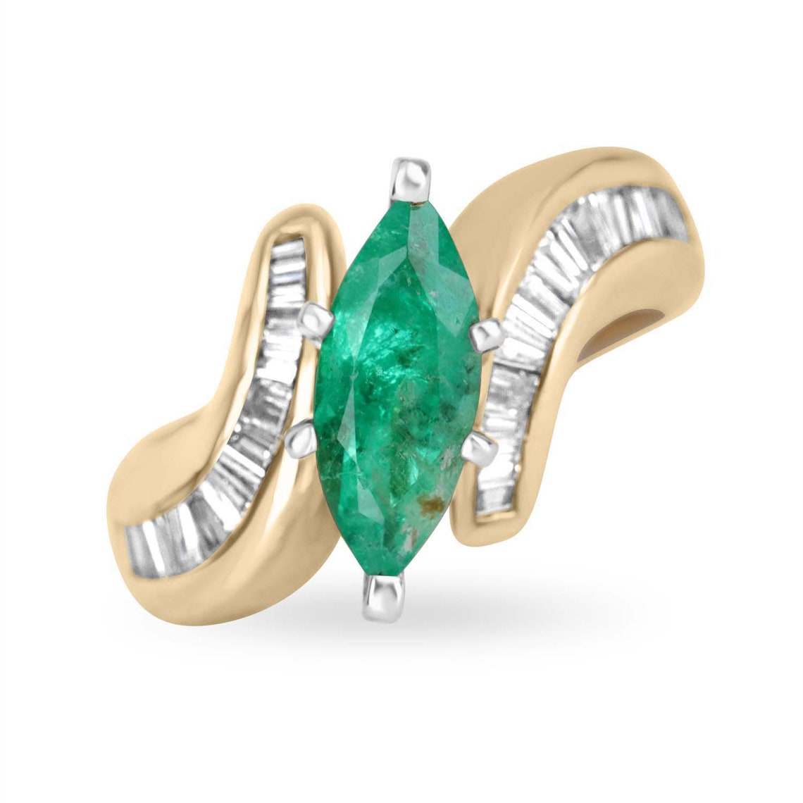 1.70tcw 14K Marquise Emerald & Channel Set Diamond Baguette Statement Ring - Elegant Jewelry for Weddings, Anniversaries & Special Occasions