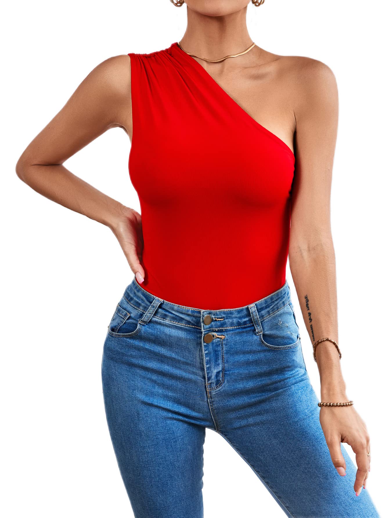 LYANER Women's Sexy One Shoulder Ruched Sleeveless Slim Fit Bodysuit Leotard Top for Clubwear, Dance, Yoga & Night Out Outfits