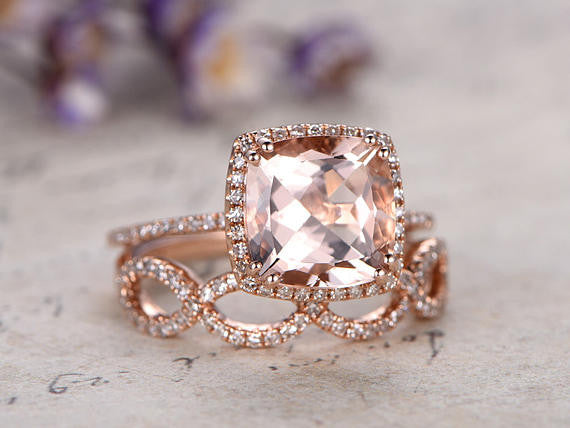 2pcs Cushion Morganite Engagement Ring Set with Infinity Diamond Band - Perfect for Wedding, Proposal, Anniversary & Romantic Gift Giving
