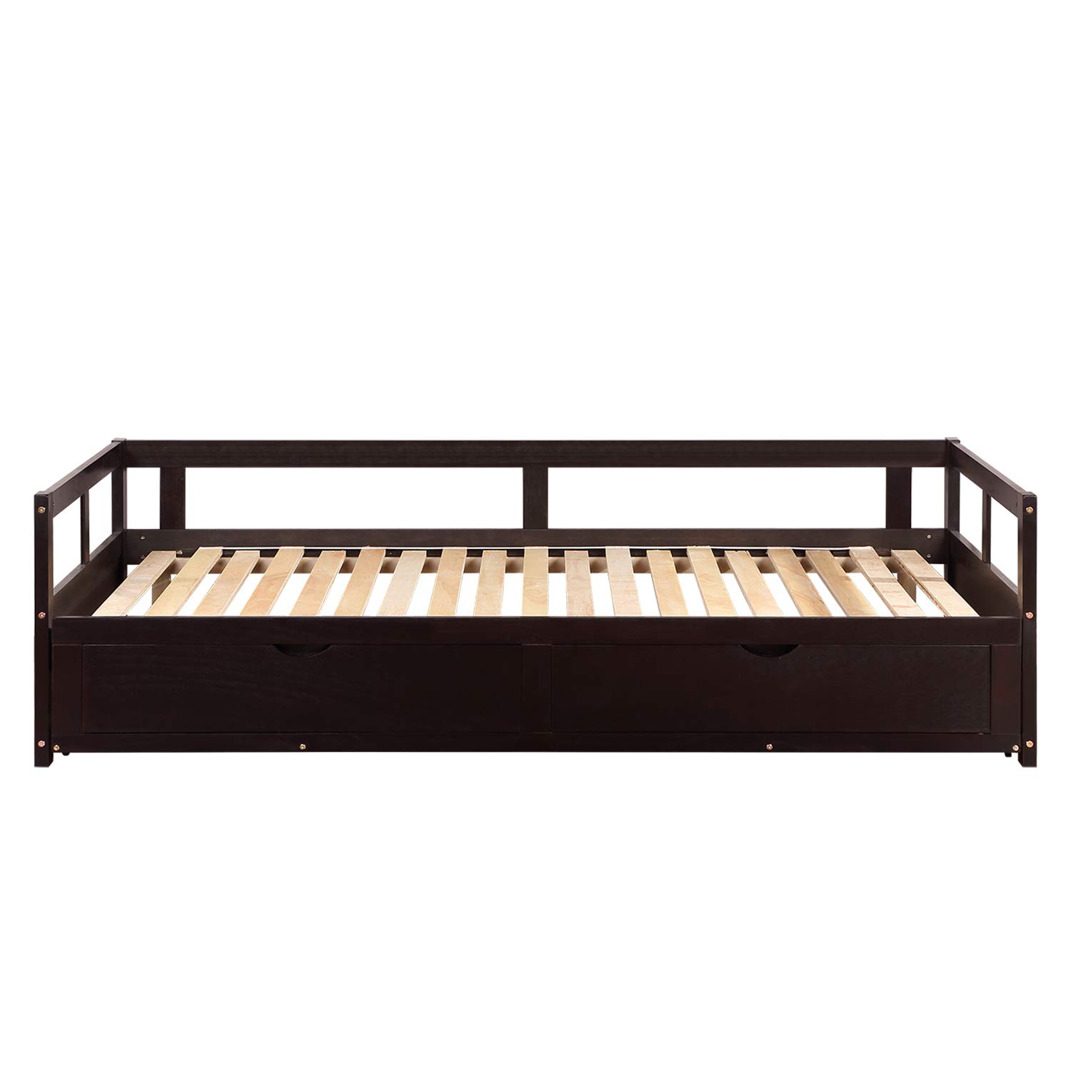 Extendable Twin Daybed with Roll-Out Trundle & 2 Storage Drawers - No Box Spring Needed - Solid Wood Sofa Bed in Espresso - Perfect for Guest Rooms, Small Spaces & Multi-Functional Furniture Needs