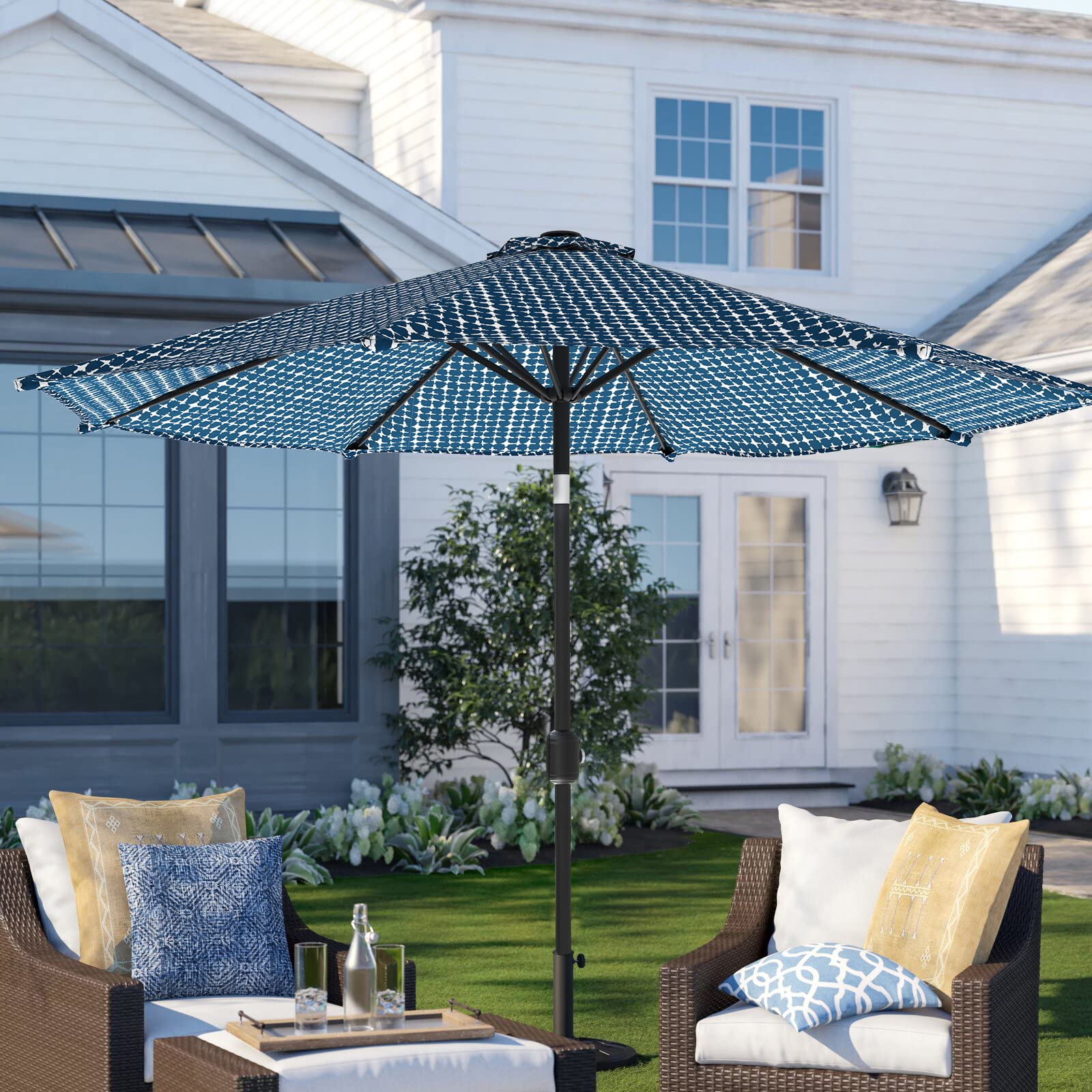 LTXIII 9' Outdoor Patio Umbrella with Push Button Tilt & Crank - Printed Market Umbrella for Garden, Backyard, Poolside (8 Ribs) - Perfect for Outdoor Dining, Lounging & Shade by Pool, Deck or Patio Table
