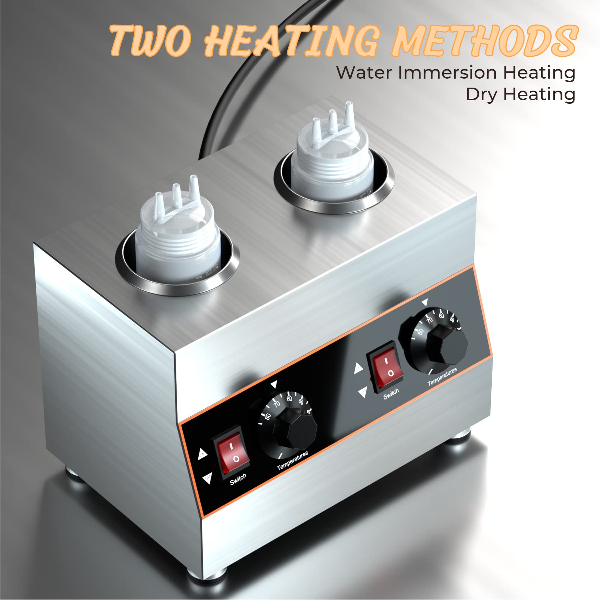 Electric Cheese Sauce Warmer - 2 Pot Hot Fudge Heater with 2 Bottles for Restaurants, Cafes & Catering - Perfect for Nachos, Fondue & Dessert Toppings
