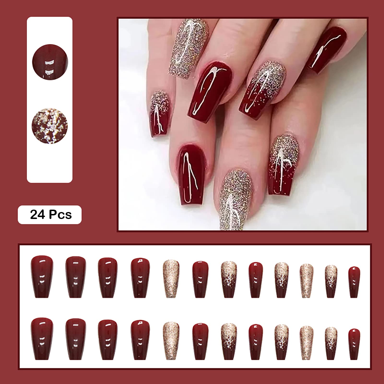 Medium Long Press On Nails Square - Flash Gold Powder Wine Red Acrylic Full Cover False Nails Set with Nail Glue | Reusable Stick On Fake Nails for Women & Girls | Perfect for Parties, Weddings & Special Occasions
