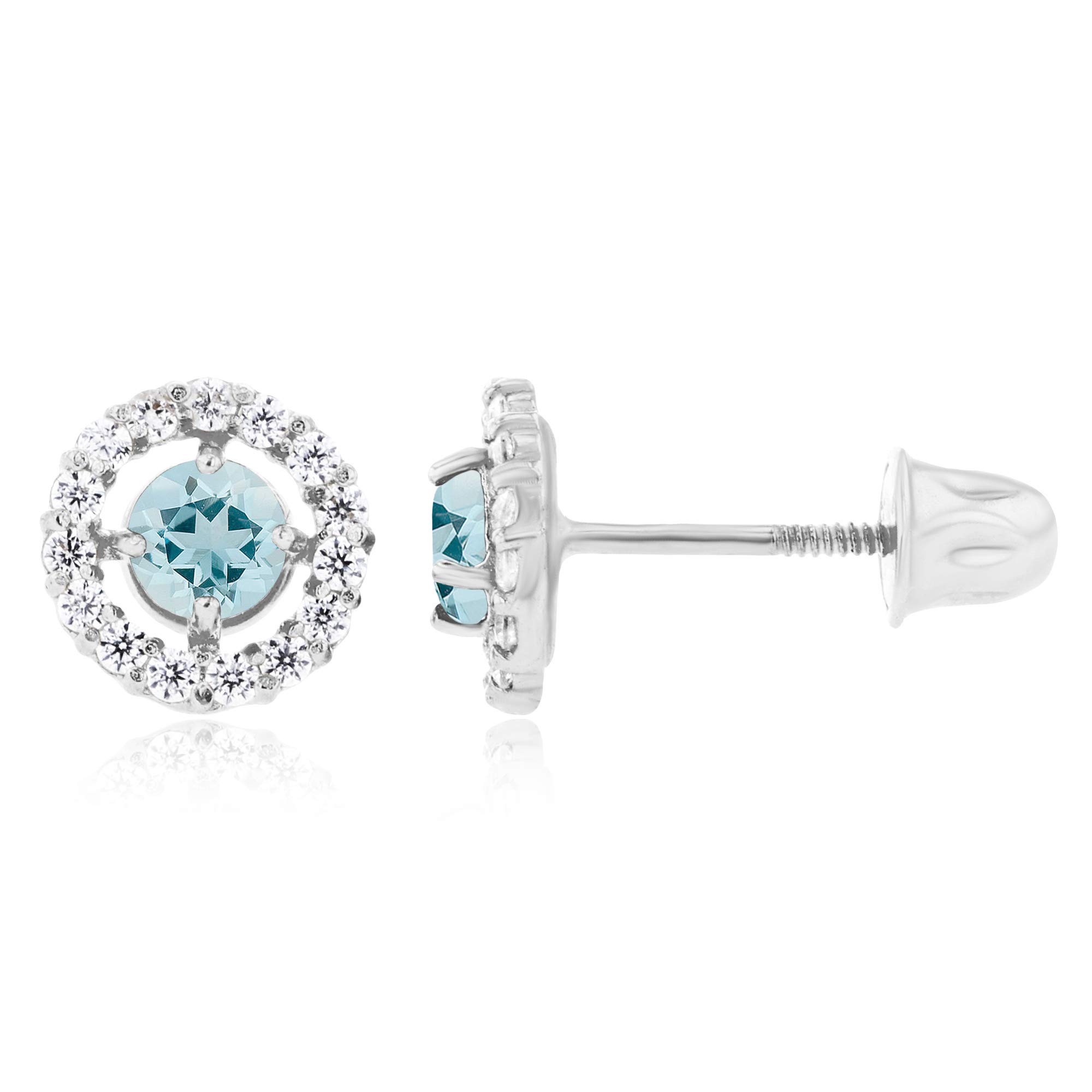 14K Solid Gold 6mm Halo Birthstone Stud Earrings for Women - Genuine Natural Birthstones, 3mm Round Cut with 1mm Created White Sapphire Halo - Screw Back Closure for Secure Fit | Perfect for Birthdays, Anniversaries, and Everyday Elegant Jewelry