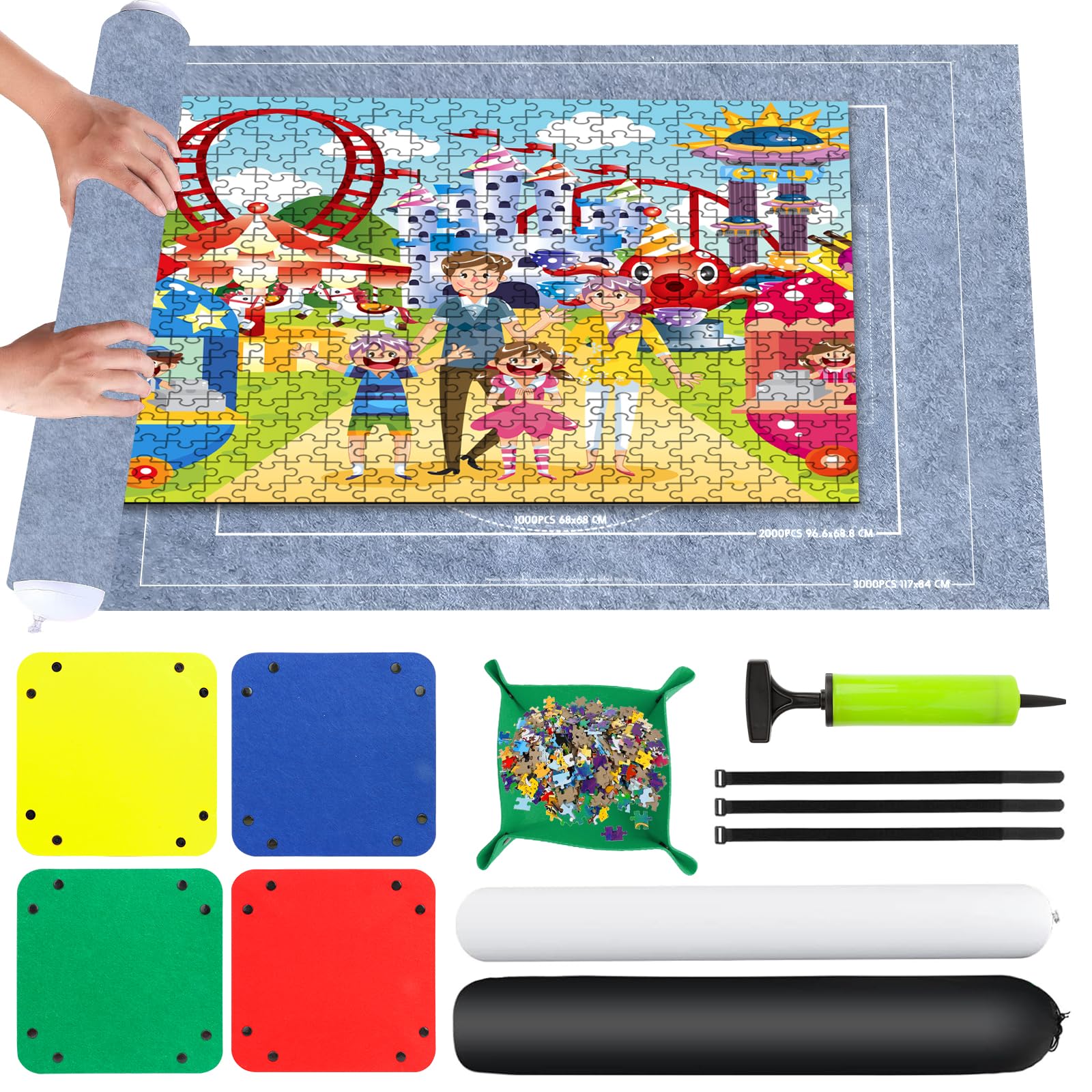 VFANDV Puzzle Mat Roll-Up Storage for 1000 1500 2000 Piece Puzzles - Portable Felt Puzzle Mat with 4 Sorting Trays for Adults & Kids - Perfect for Home, Travel, and Puzzle Organization