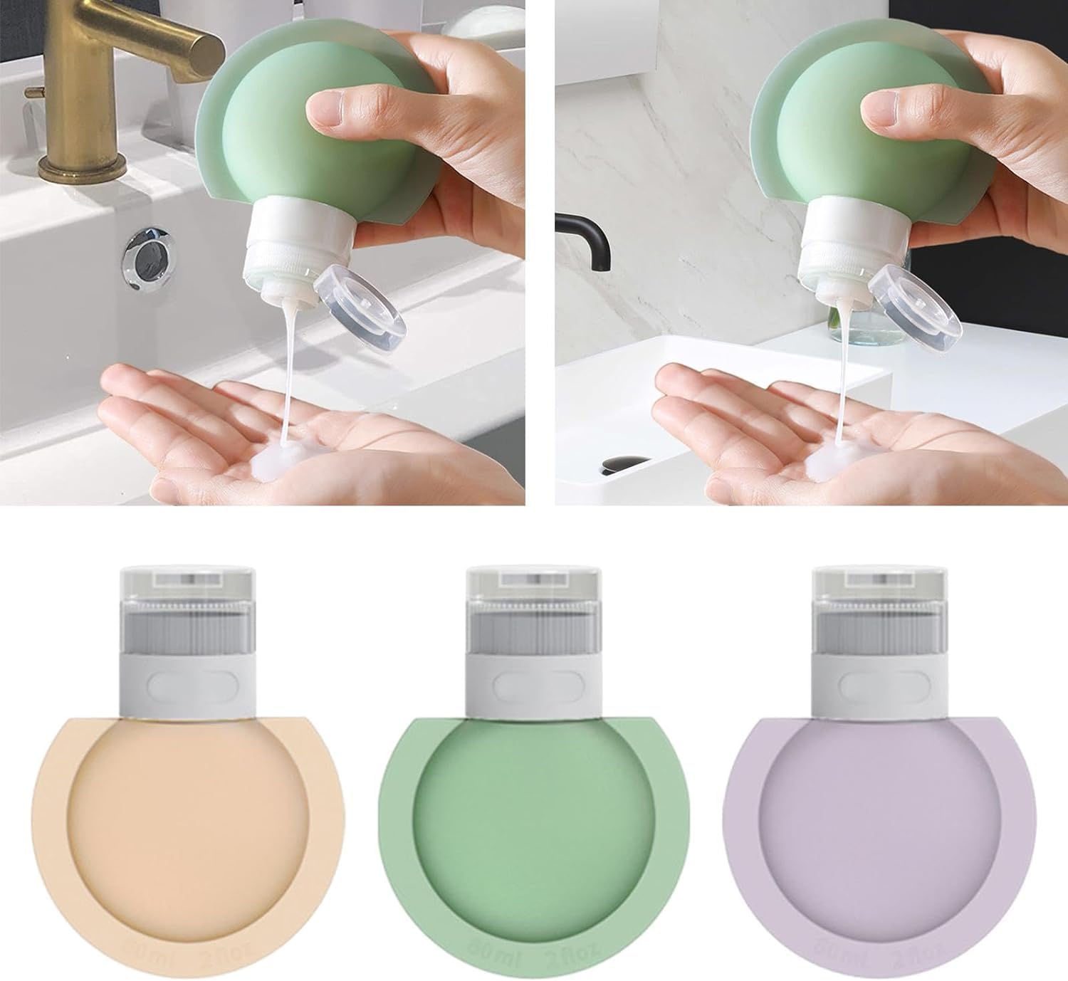 HELIMIX 3-Pack Refillable Travel Bottles for Toiletries - Leak Proof Silicone Containers for Shampoo, Lotion, Cream & Hand Wash - Perfect for Air Travel, Gym & Vacation Essentials