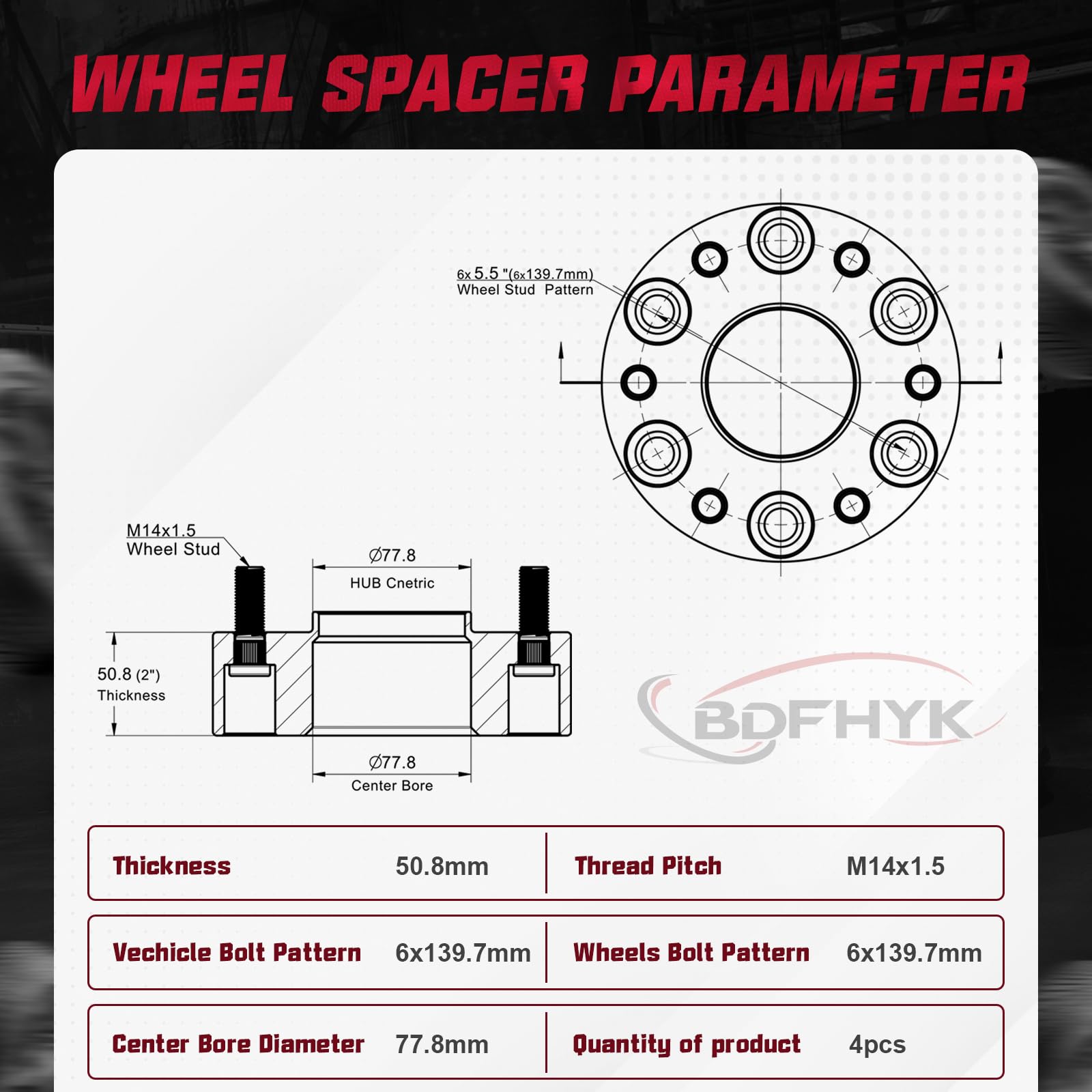 BDFHYK 6x5.5 Wheel Spacers 2 Inch 50mm for Ram 1500 2019-2022 - 6x139.7 Bolt Pattern, M14x1.5 Studs, 77.8mm Hub Centric - Set of 4 - Enhance Stance & Clearance for Off-Roading & Custom Wheels