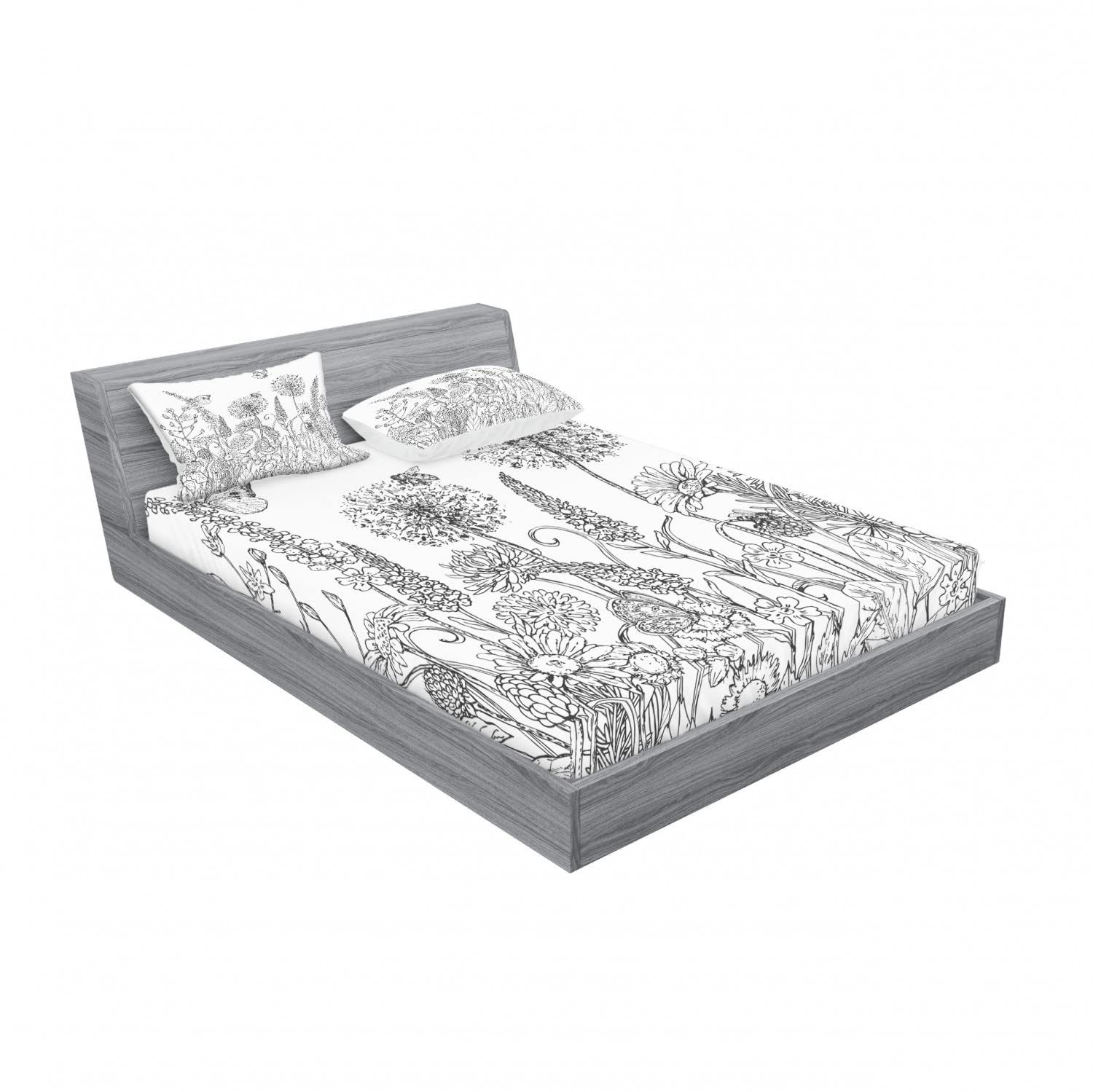 Ambesonne Floral 2-Piece Queen Size Fitted Sheet Set with 4 Pillow Shams - Elegant Flowers Garden Scenery Printed Bedding Decor in White & Grey | Perfect for Master Bedroom, Guest Room, and Vacation Home Decor
