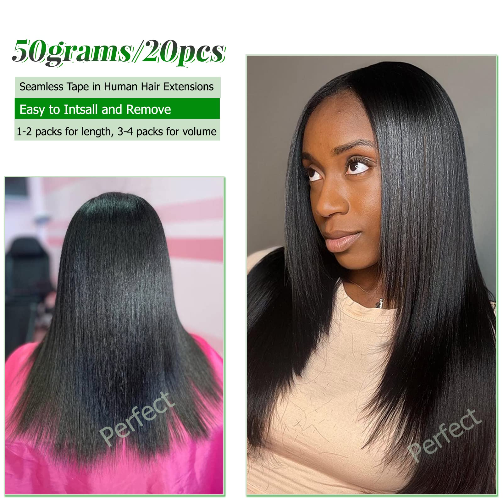 24 Inch Yaki Straight Tape-In Hair Extensions - Invisible Black Human Hair for Black Women | Natural Color, Real Human Hair, Light Yaki Texture | Perfect for Daily Wear, Special Occasions & Styling