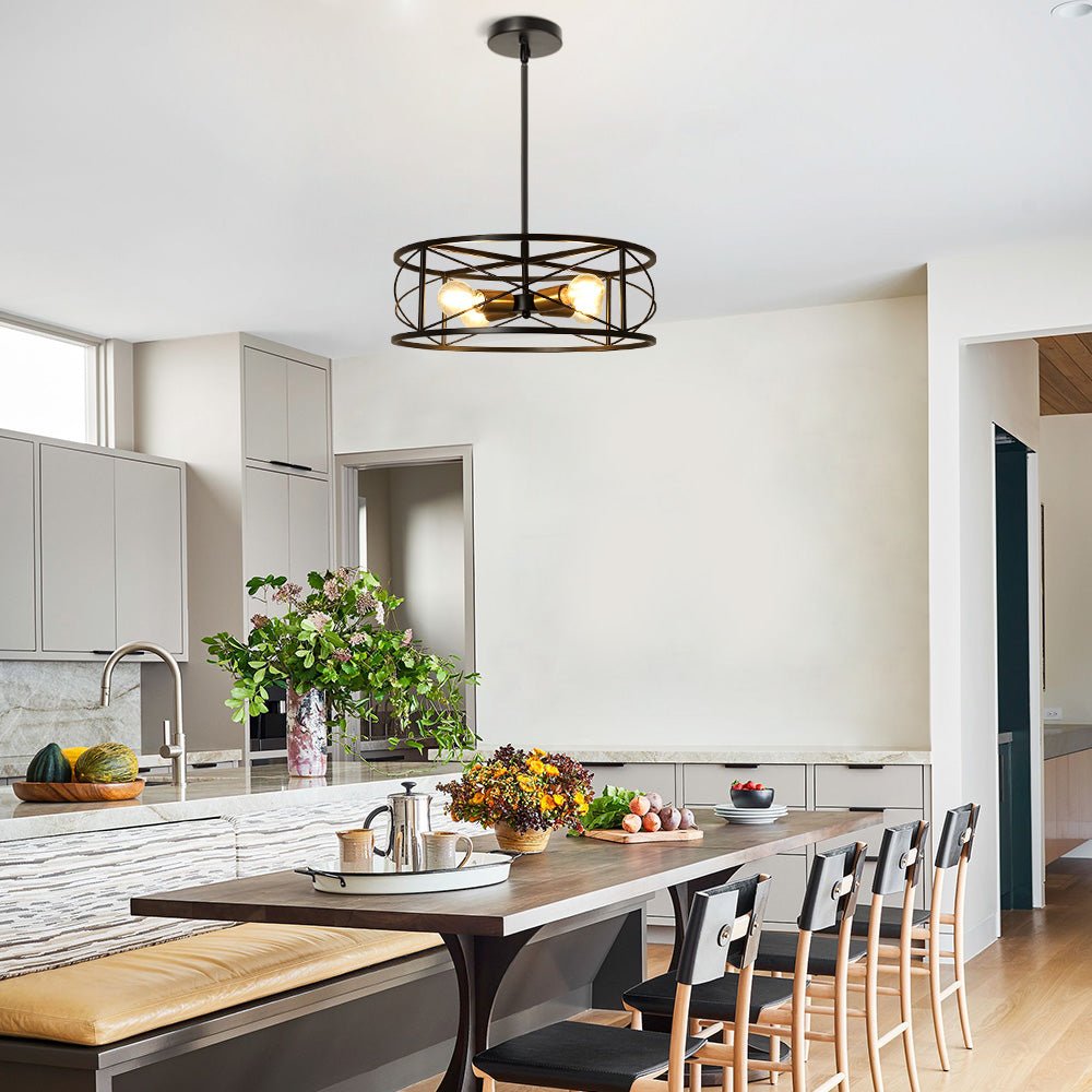 DLLT 4-Light Black Round Pendant Lighting Fixture - 18 Inch Industrial Metal Drum Cage Chandelier - Farmhouse Hanging Light for Dining Room Kitchen Living Room Bedroom Hallway - Perfect for Rustic Home Decor & Modern Interior Design