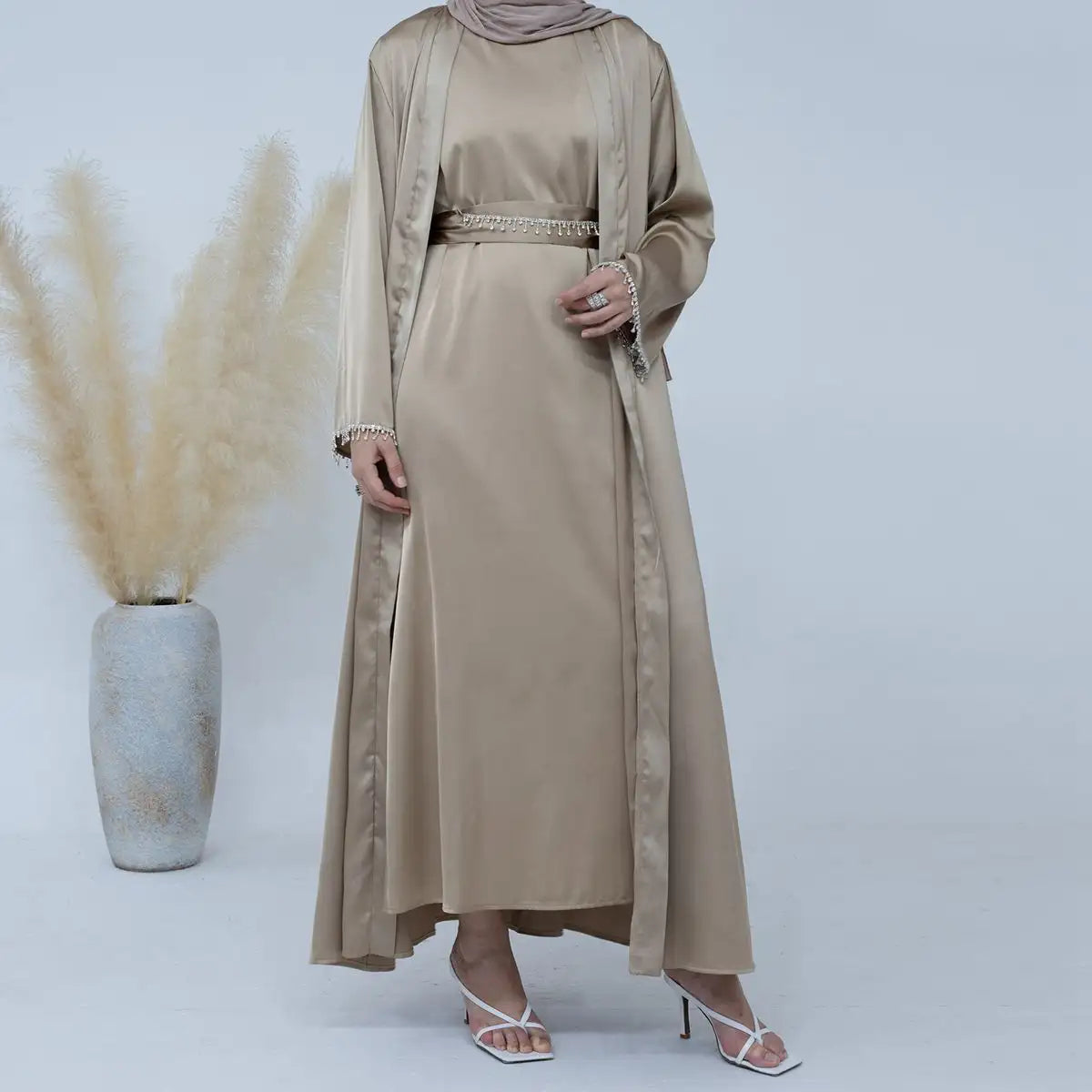 Elegant 2-Piece Modest Fashion Set - Crystal Belt Open Abaya with Sleeveless Inner Dress | Perfect for Eid, Ramadan & Special Occasions