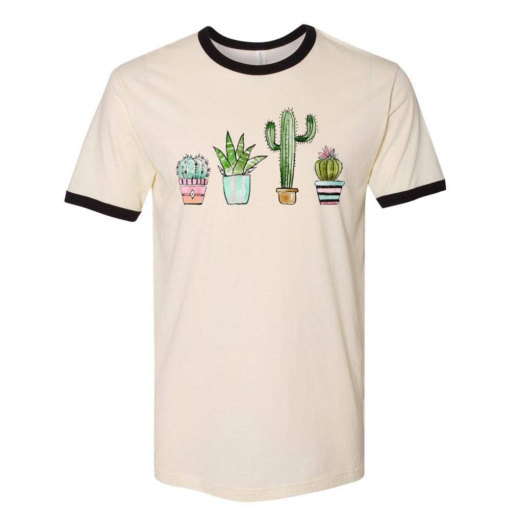 Unisex Watercolor Cactus Print Ringer Tee Shirt - Perfect for Summer Outfits, Casual Wear & Boho Style