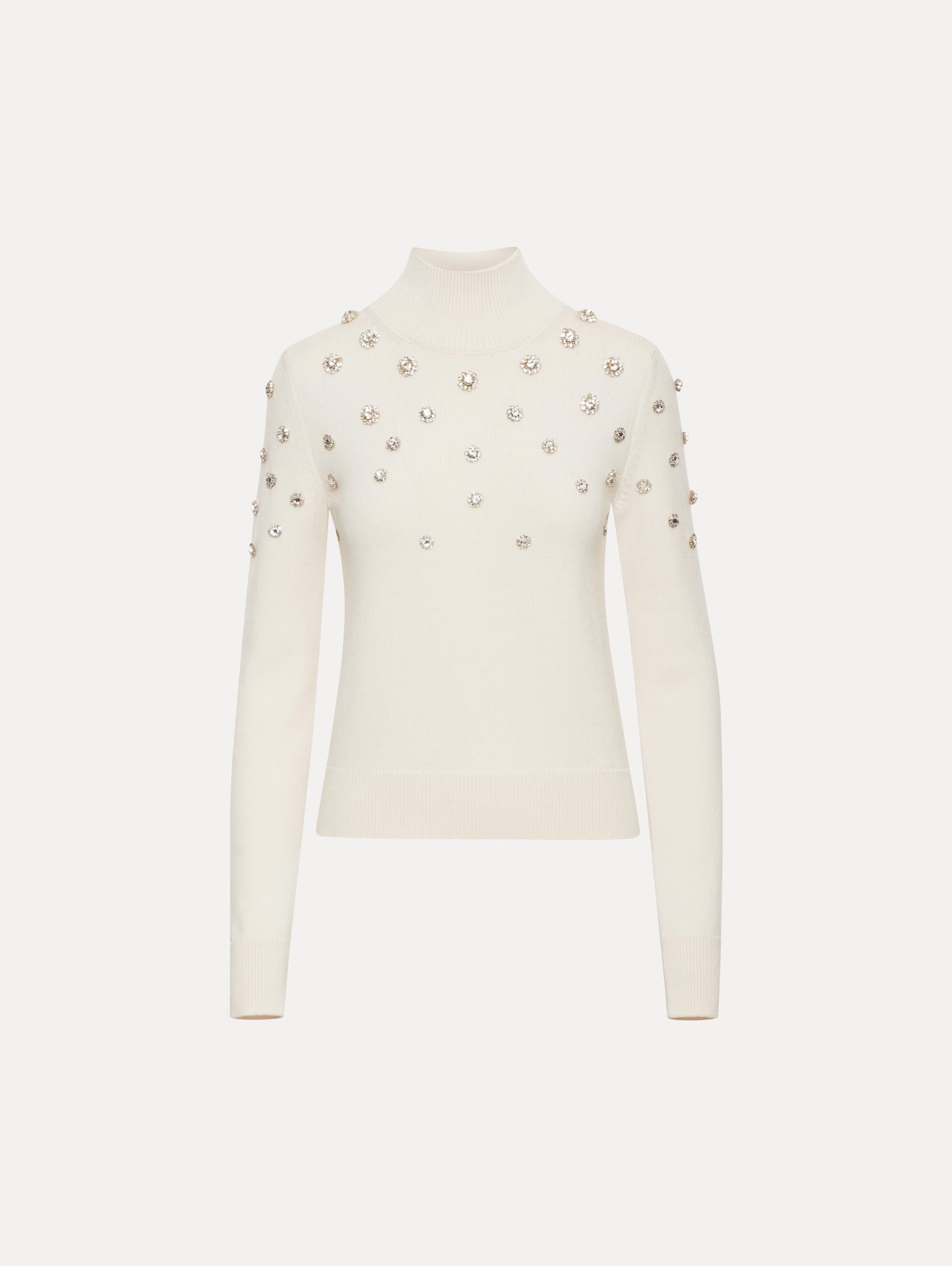 Elegant Crystal Embroidered Turtleneck Sweater for Women - Winter Fashion Blouse with Rhinestone Details - Perfect for Holiday Parties & Office Wear